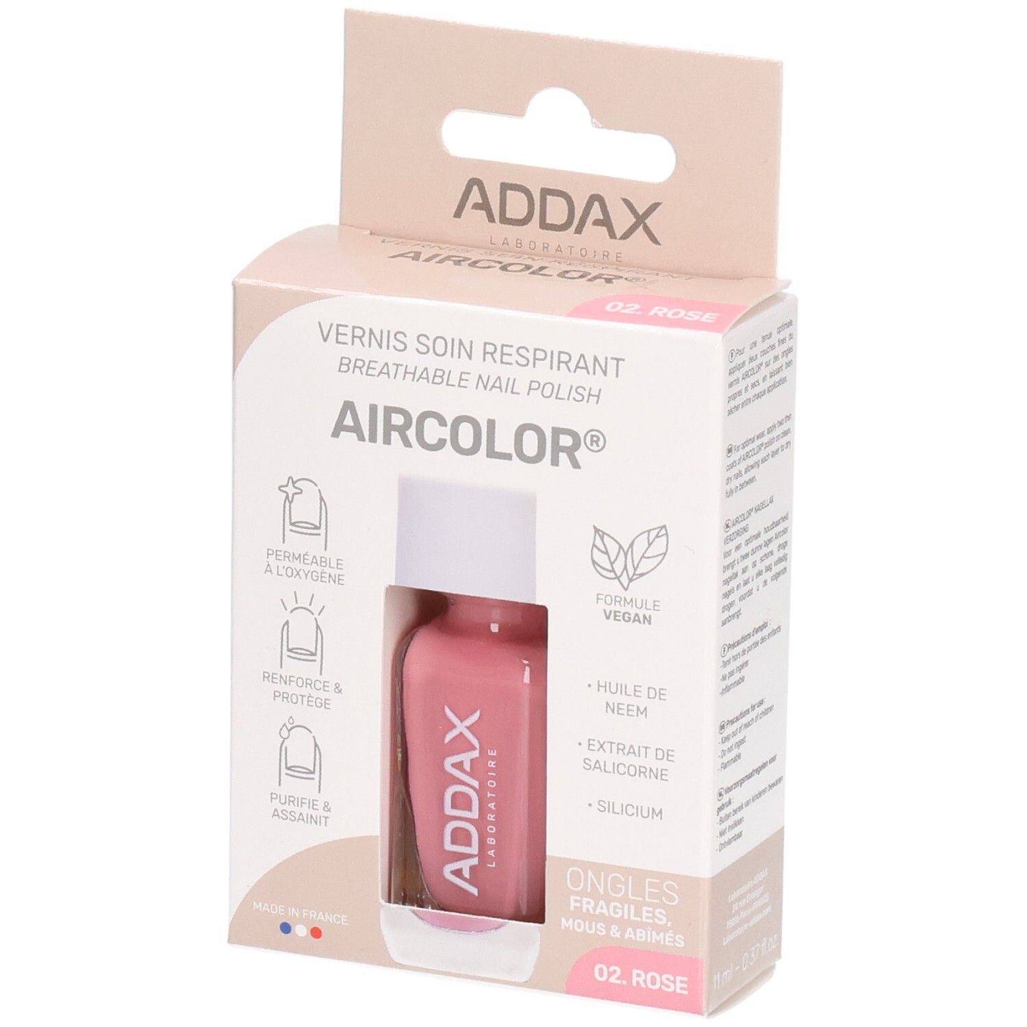 Flacon de vernis à ongles rose dans son emballage. Marque ADDAX, Aircolor. Inscription : Vernis soin respirant, 02 Rose. Vegan.