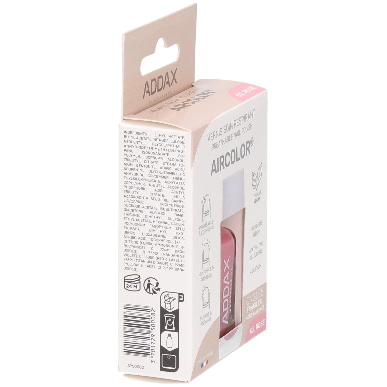 Emballage de vernis à ongles ADDAX Aircolor. Vue latérale avec ingrédients et code-barres. Inscription : Vernis soin respirant, 02 Rose.
