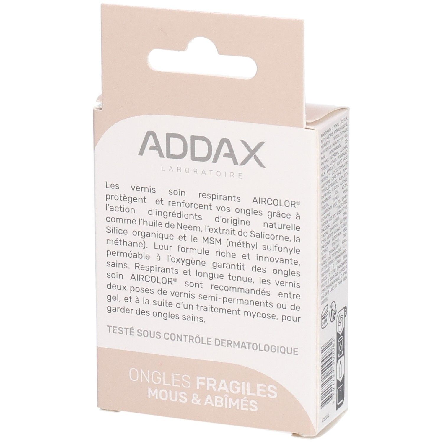Dos de l'emballage de vernis à ongles ADDAX Aircolor. Texte sur les propriétés du produit. Inscription : Ongles fragiles, mous & abîmés.