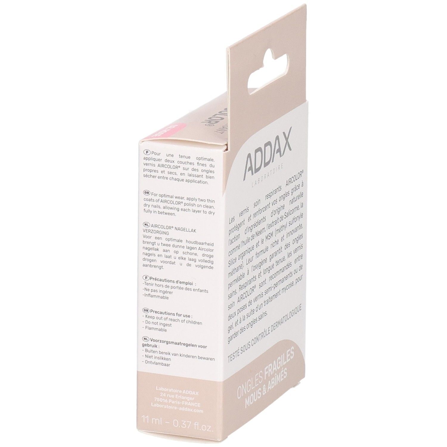 Côté de l'emballage de vernis à ongles ADDAX Aircolor. Instructions d'utilisation. Inscription : Ongles fragiles, mous & abîmés.