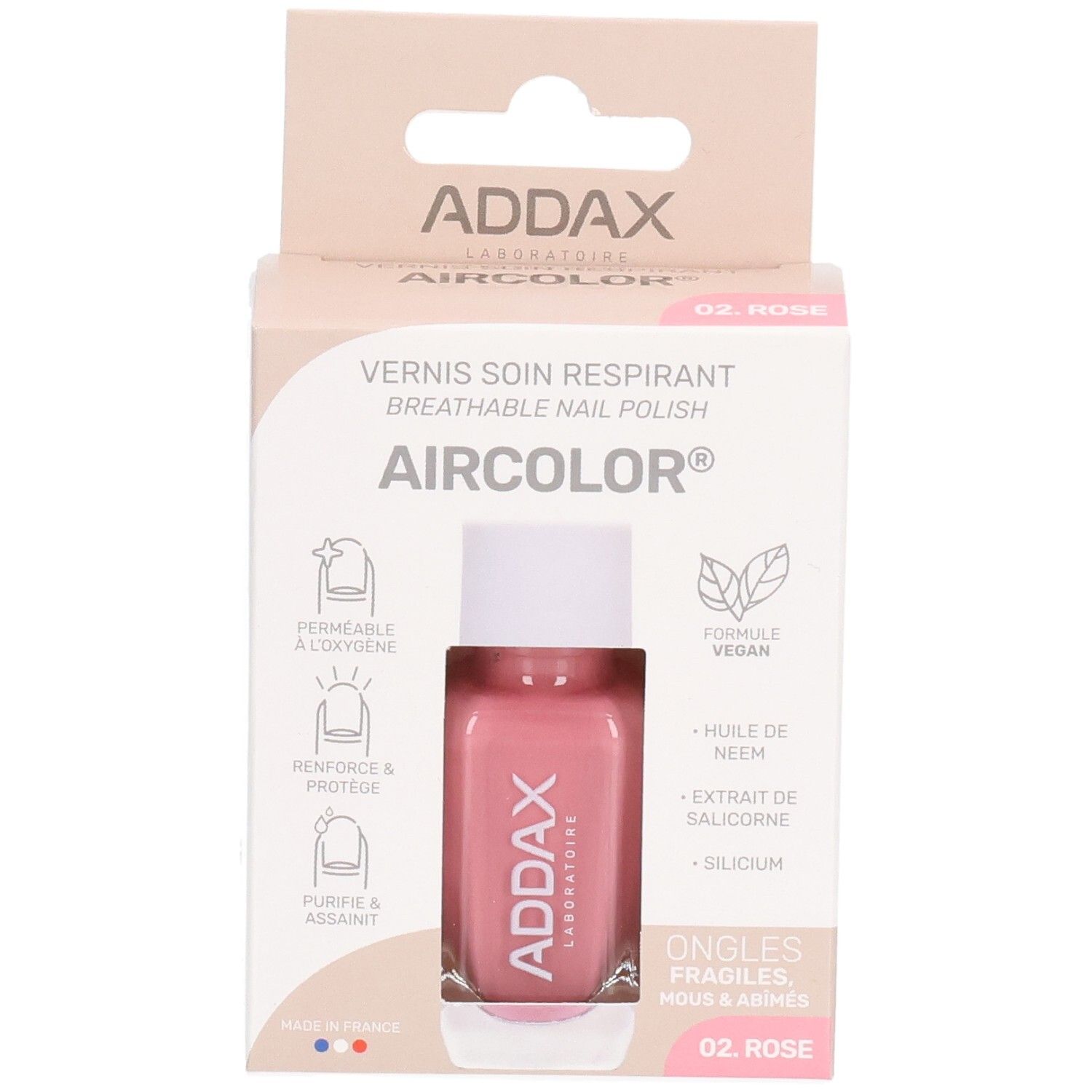 Flacon de vernis à ongles rose dans son emballage. Marque ADDAX, Aircolor. Inscription : Vernis soin respirant, 02 Rose. Vegan.