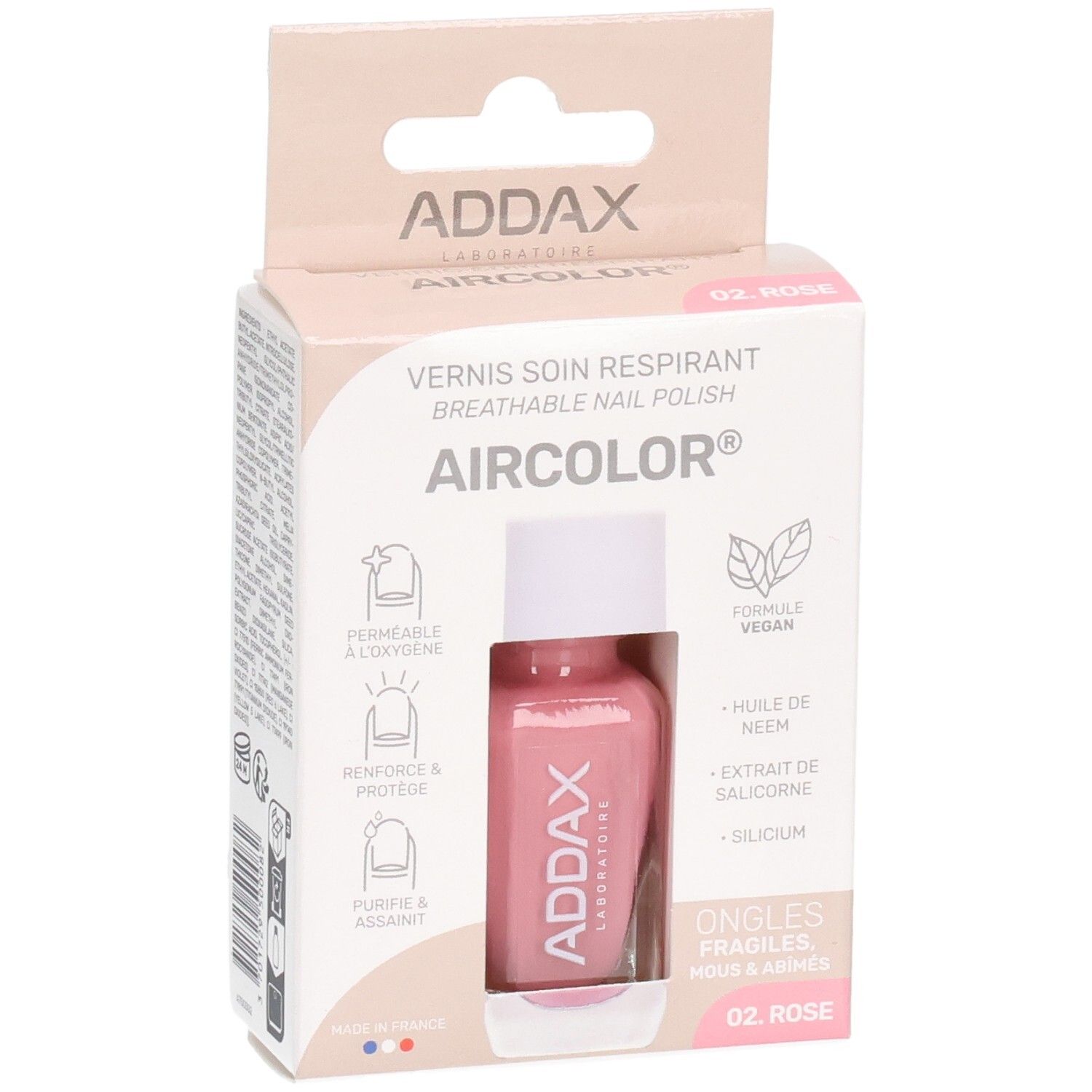 Flacon de vernis à ongles rose dans son emballage. Marque ADDAX, Aircolor. Inscription : Vernis soin respirant, 02 Rose. Vegan.