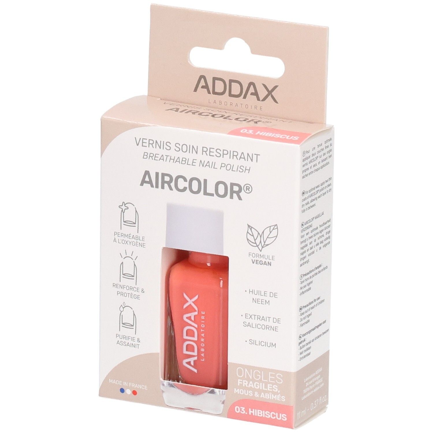 Boîte de vernis à ongles avec flacon. Flacon rose à bouchon blanc. Inscription: ADDAX, AIRCOLOR, 03. Hibiscus.