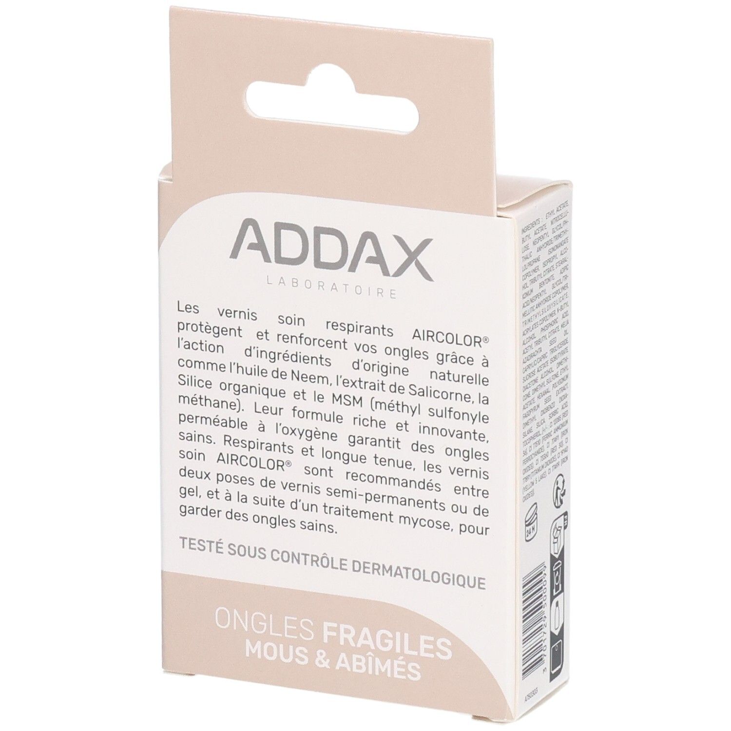 Boîte avec texte. Inscription: ADDAX, AIRCOLOR. Texte sur vernis à ongles respirant. Pour ongles fragiles.