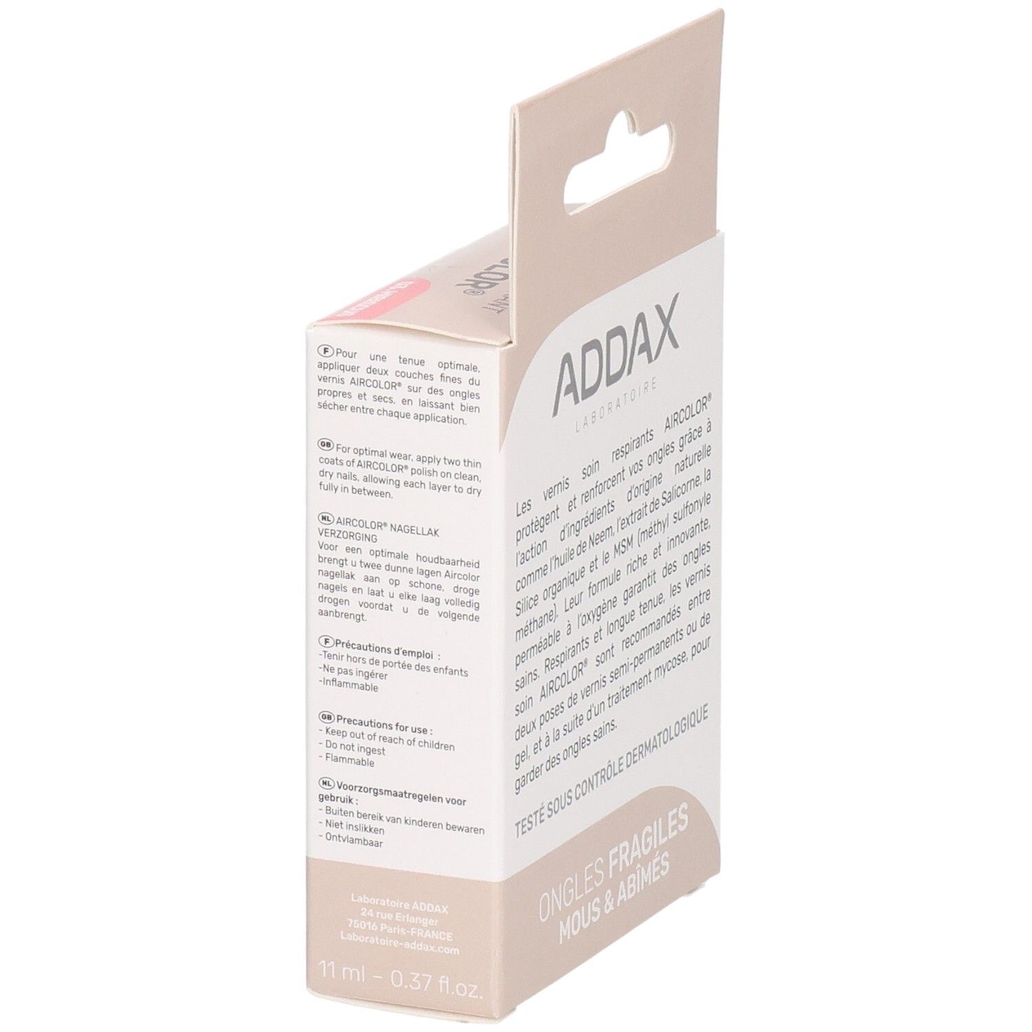 Boîte avec texte. Inscription: ADDAX, AIRCOLOR. Texte sur vernis à ongles respirant. Pour ongles fragiles.