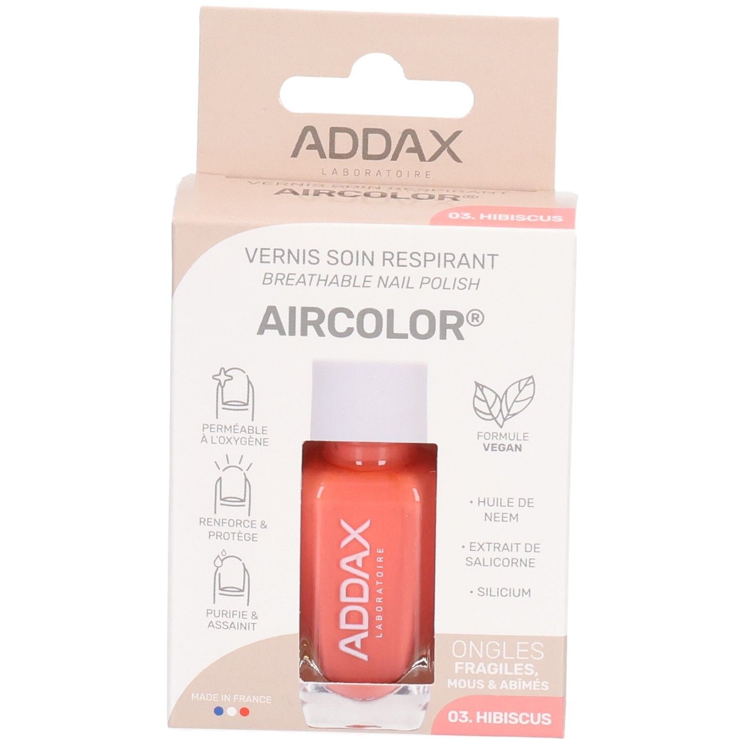 Boîte de vernis à ongles avec flacon. Flacon rose à bouchon blanc. Inscription: ADDAX, AIRCOLOR, 03. Hibiscus.