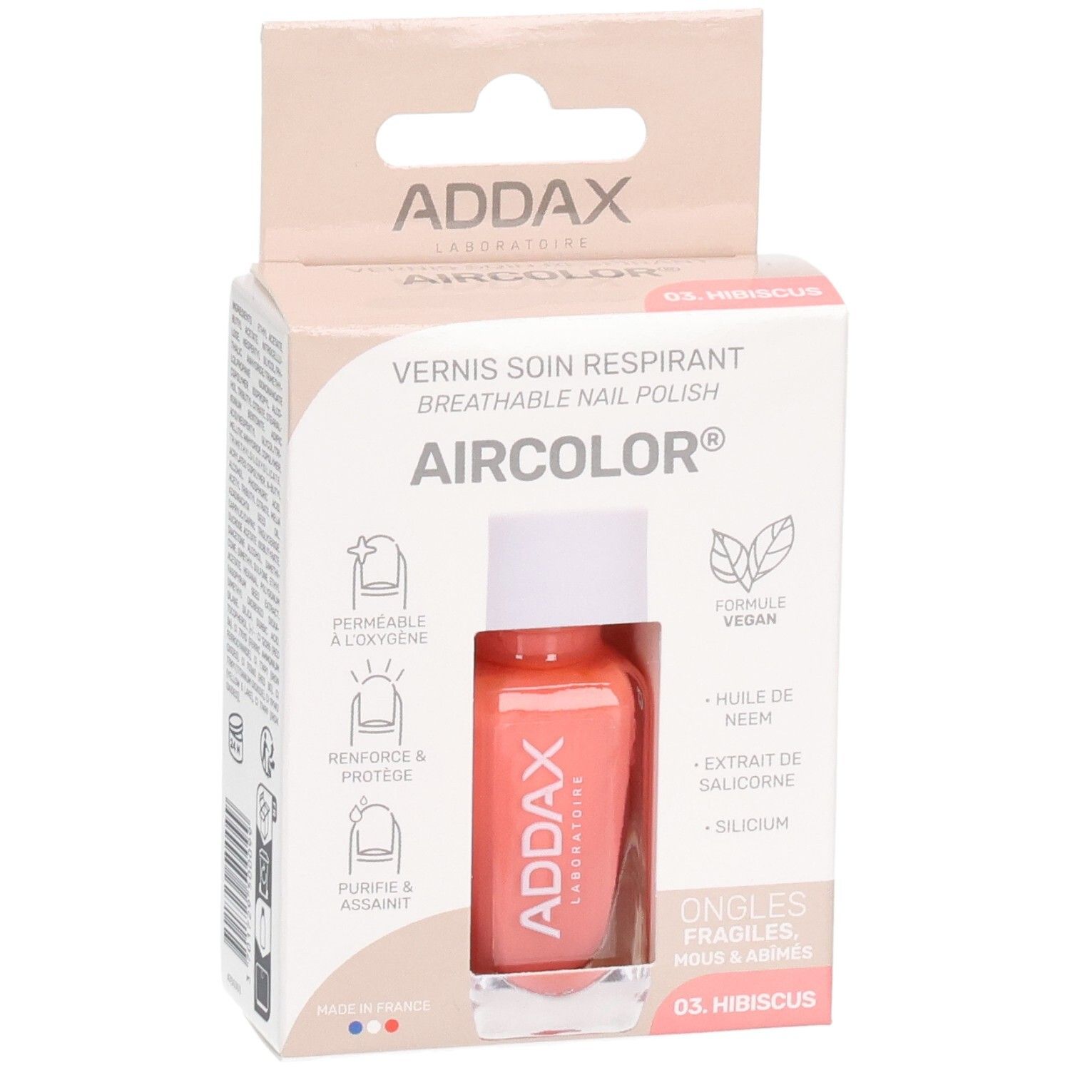 Boîte de vernis à ongles avec flacon. Flacon rose à bouchon blanc. Inscription: ADDAX, AIRCOLOR, 03. Hibiscus.