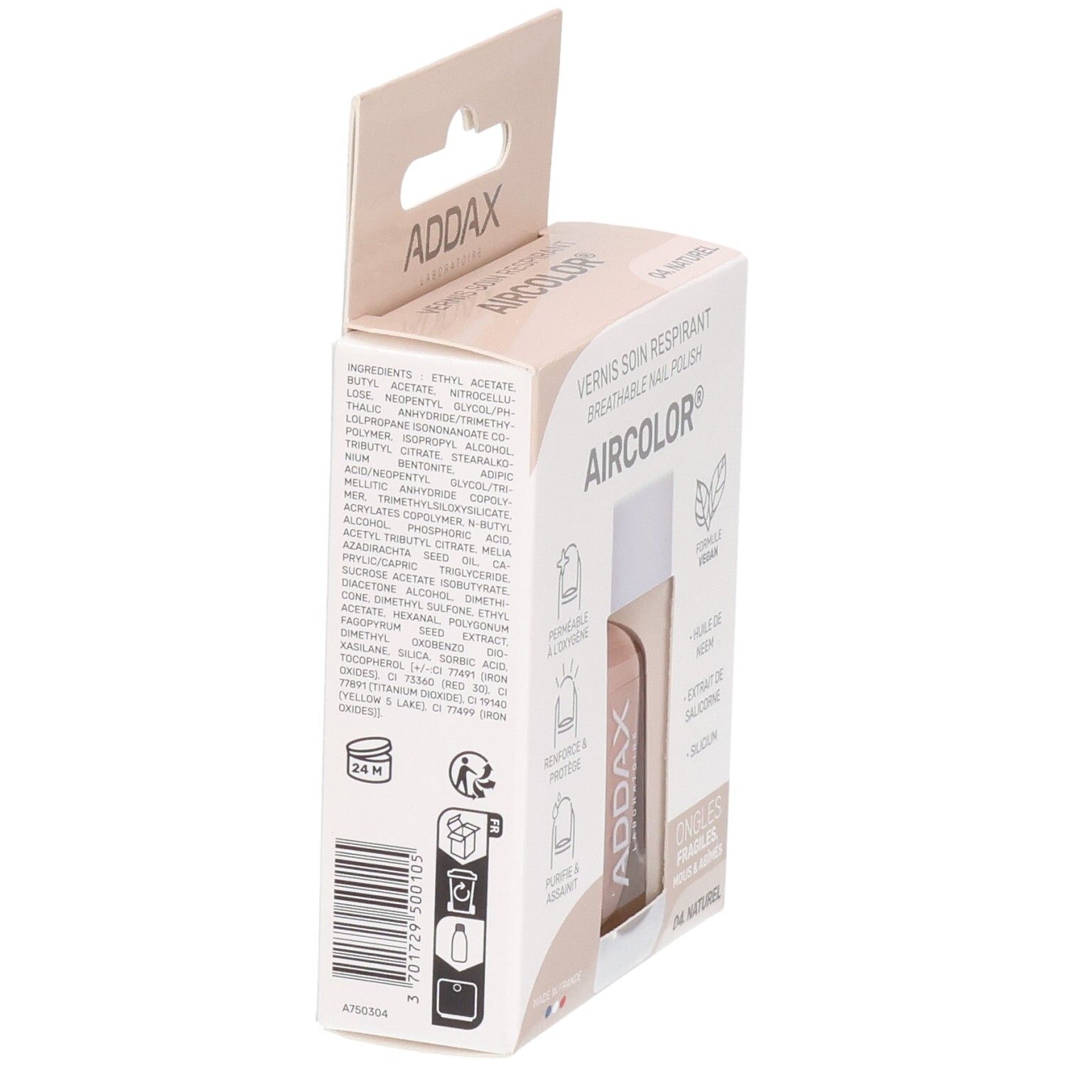 Emballage carton avec flacon de vernis à ongles. Marque ADDAX. Ingrédients et propriétés imprimés. Couleur 04 Naturel.