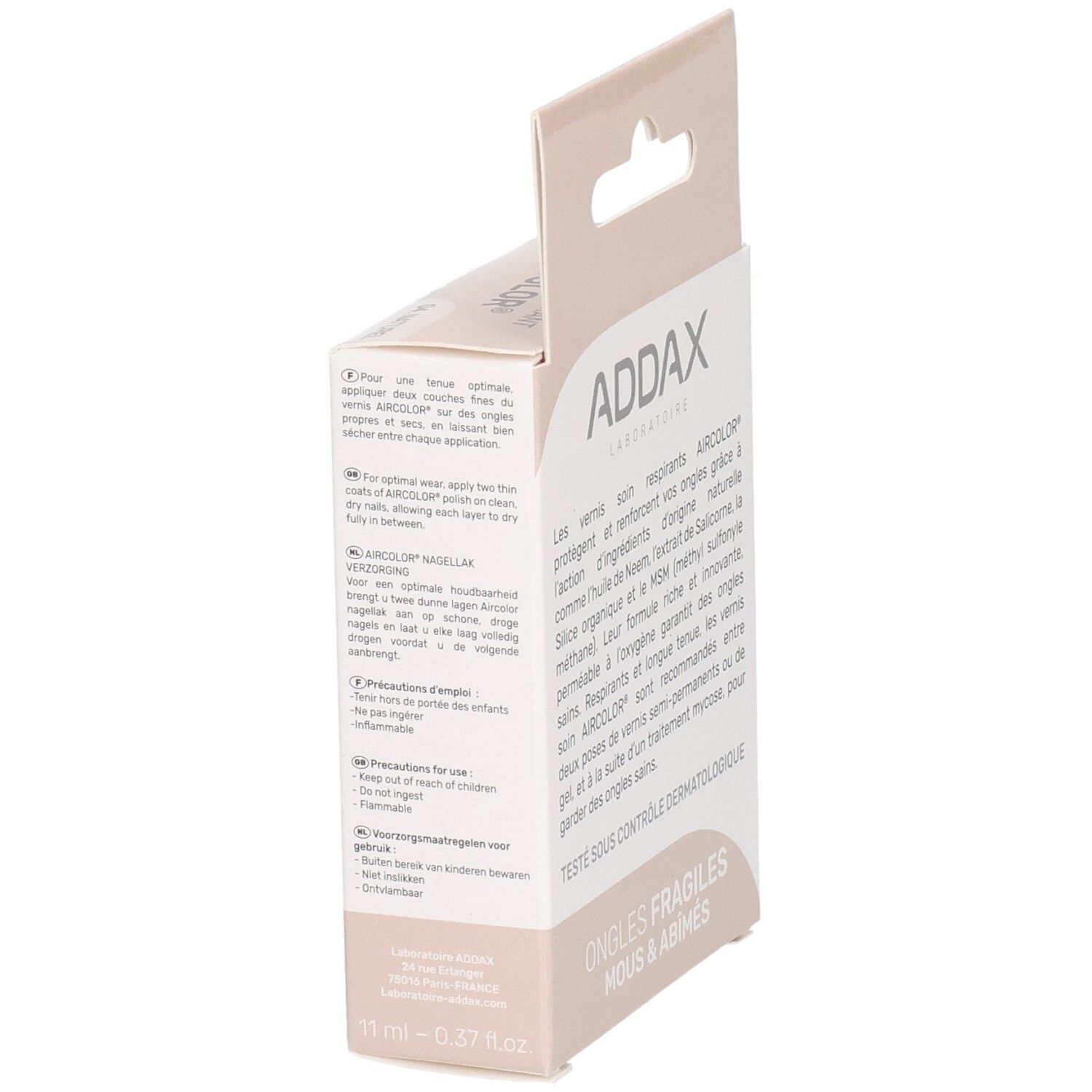 Emballage carton avec texte. Marque ADDAX. Mode d'emploi et avertissements. Pour ongles fragiles. 11 ml.