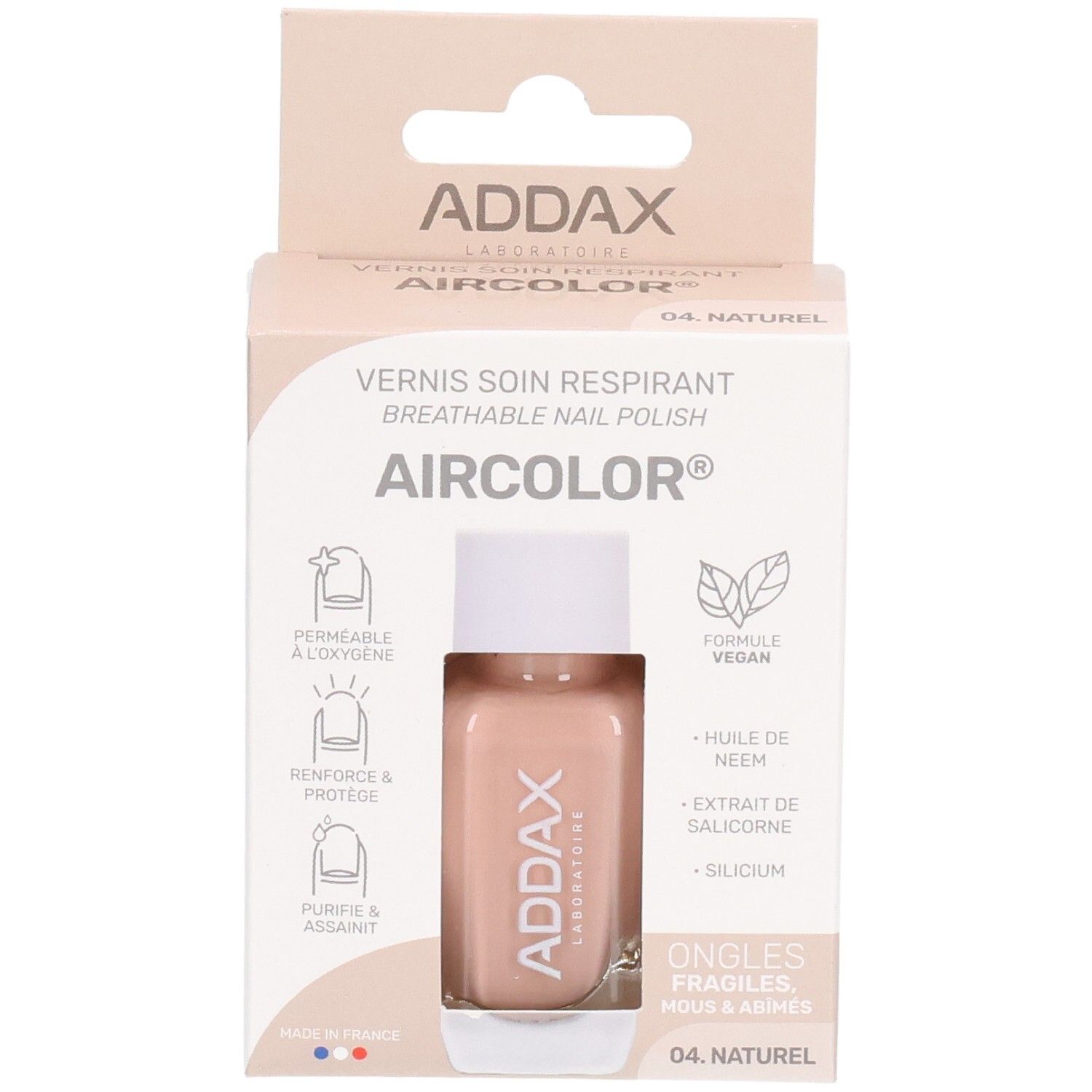 Flacon de vernis à ongles dans emballage carton. Marque ADDAX. Couleur 04 Naturel. Vegan, respirant, pour ongles fragiles.