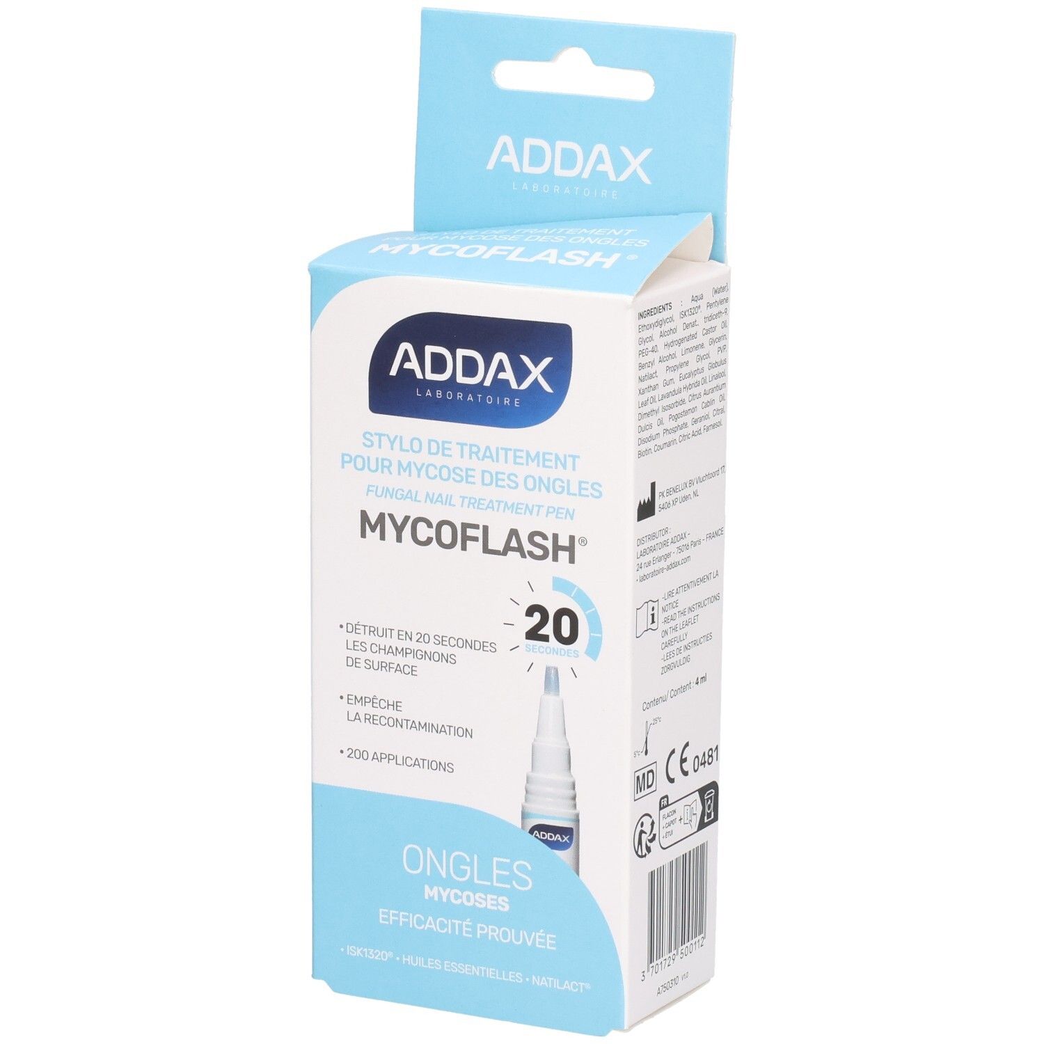 Boîte ADDAX Mycoflash Stylo. Stylo traitement mycose des ongles. Emballage bleu et blanc avec informations produit.