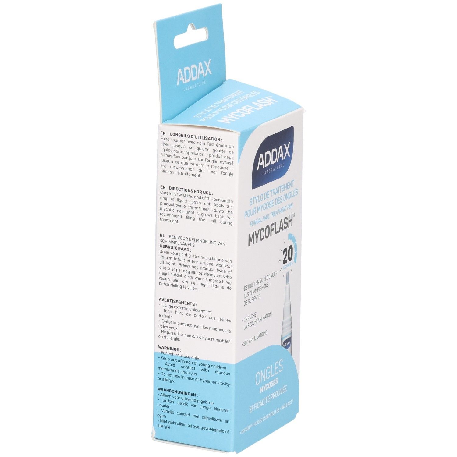 Vue latérale de la boîte ADDAX Mycoflash Stylo. Contient instructions et informations produit. Emballage bleu et blanc.