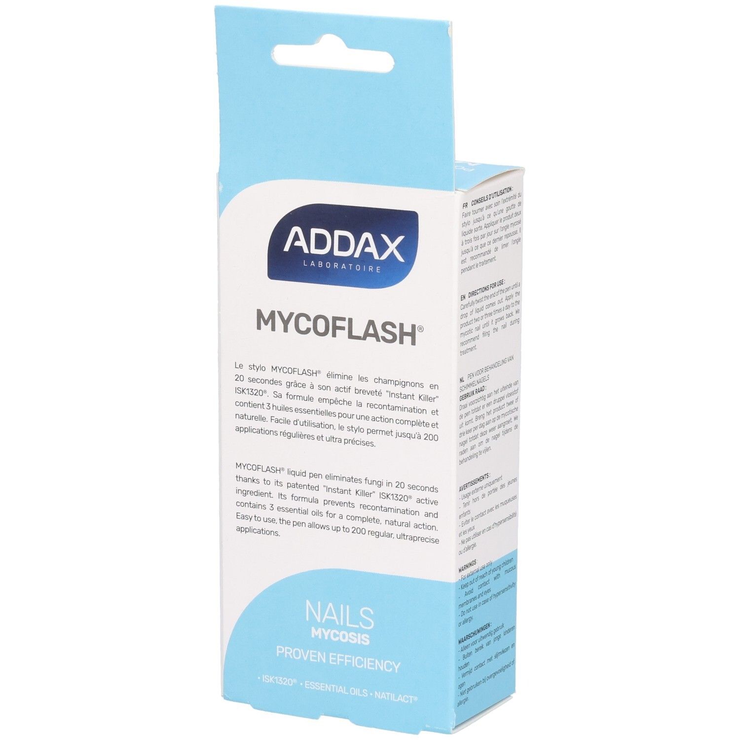 Emballage ADDAX Mycoflash Stylo. Contient informations produit et texte. Emballage bleu et blanc.