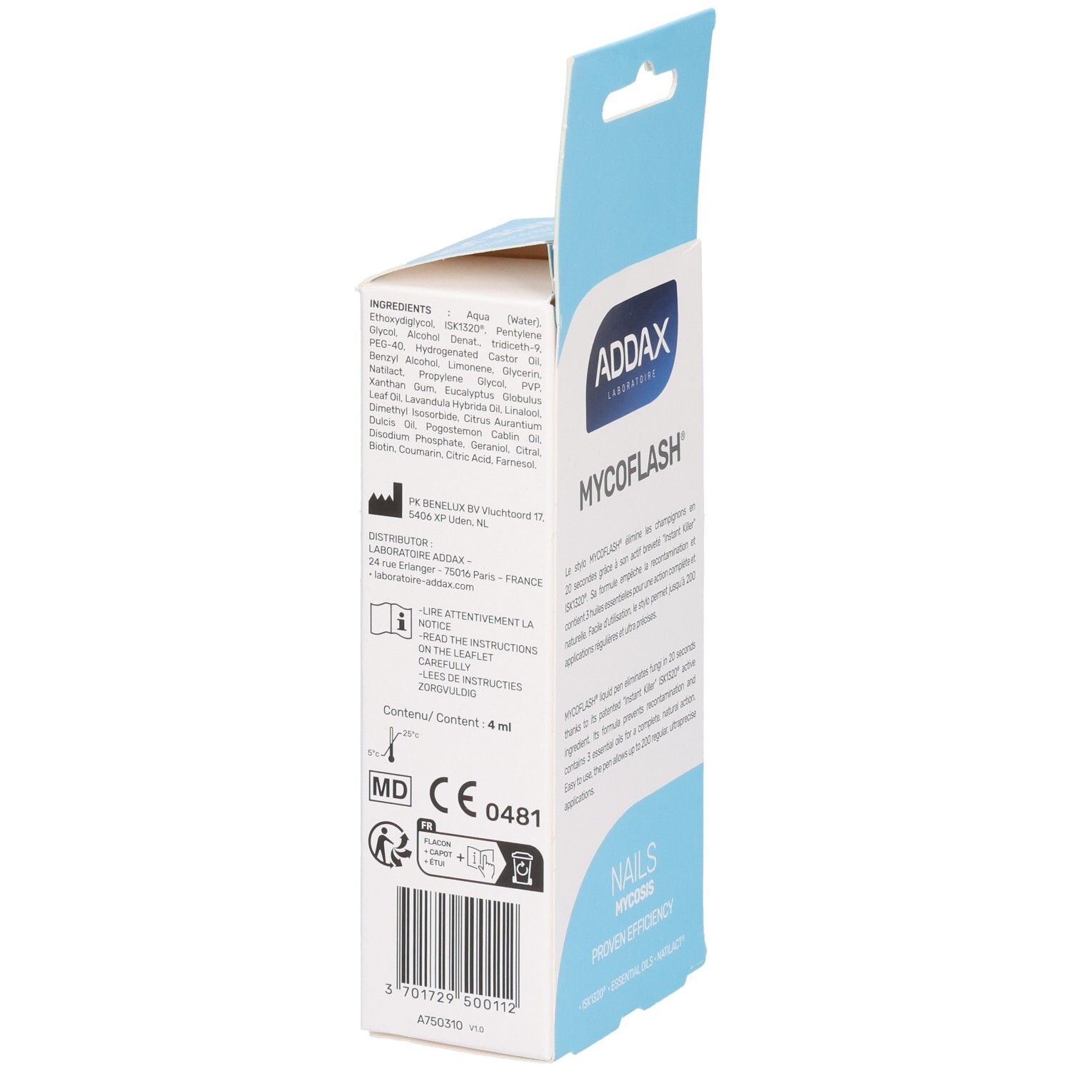 Dos de la boîte ADDAX Mycoflash Stylo. Contient ingrédients et informations. Emballage bleu et blanc.
