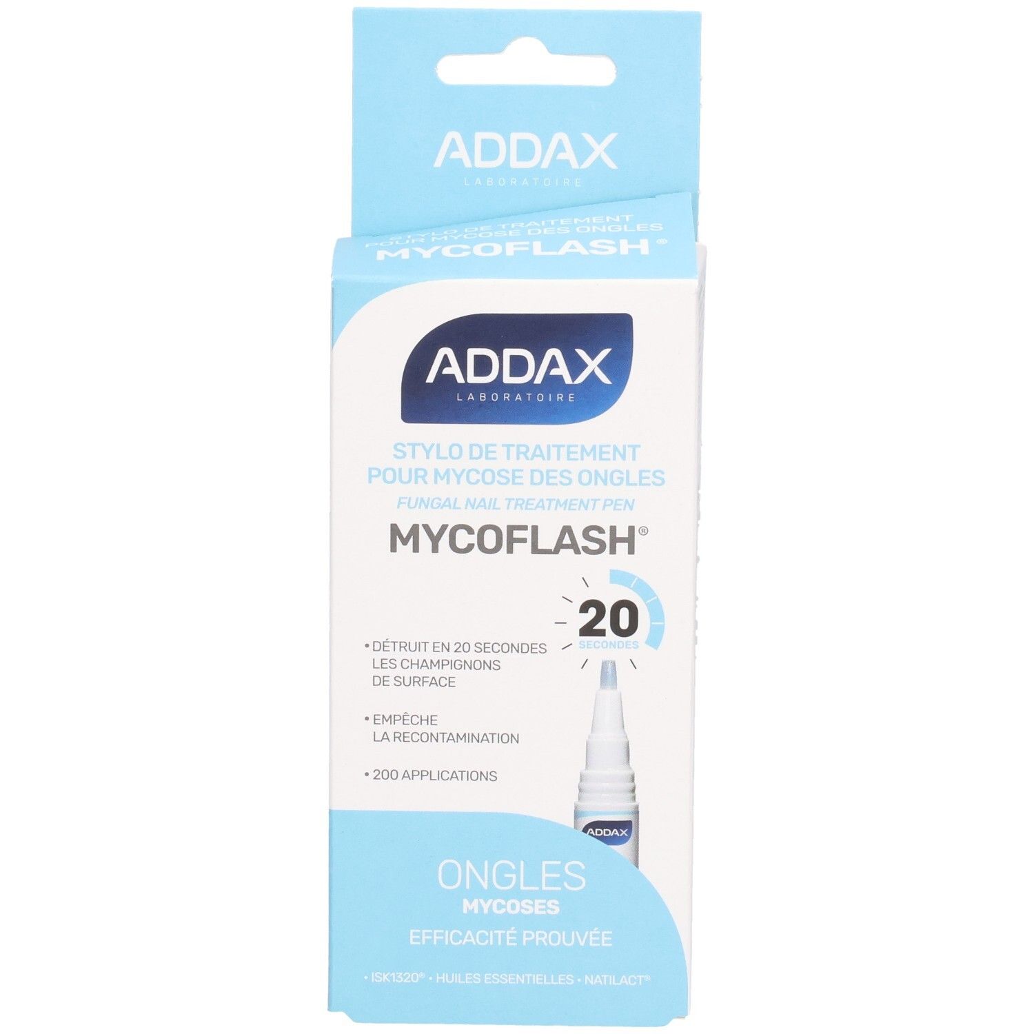Emballage ADDAX Mycoflash Stylo. Stylo traitement mycose des ongles. Emballage bleu et blanc.