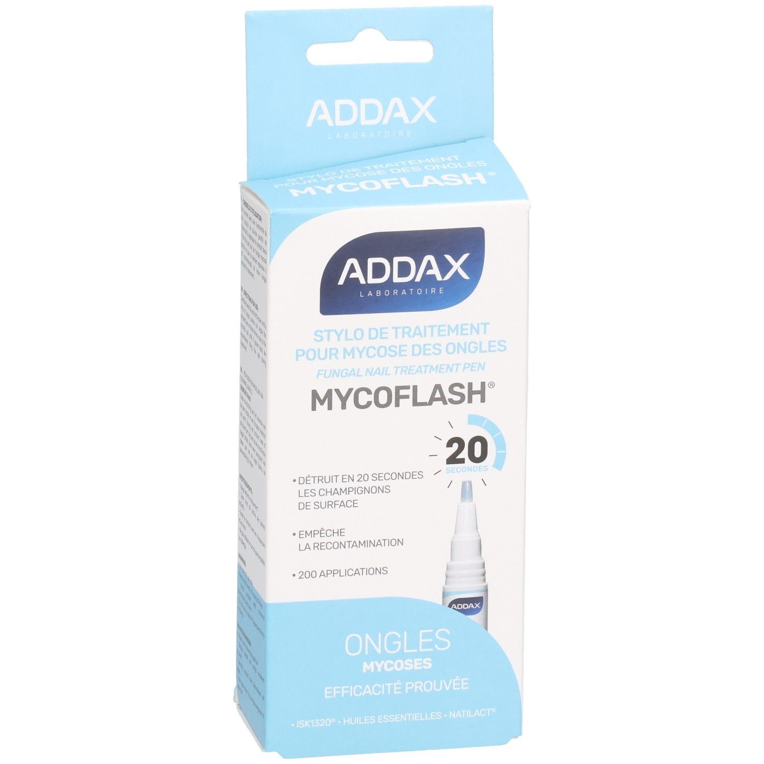 Emballage ADDAX Mycoflash Stylo. Stylo traitement mycose des ongles. Emballage bleu et blanc.