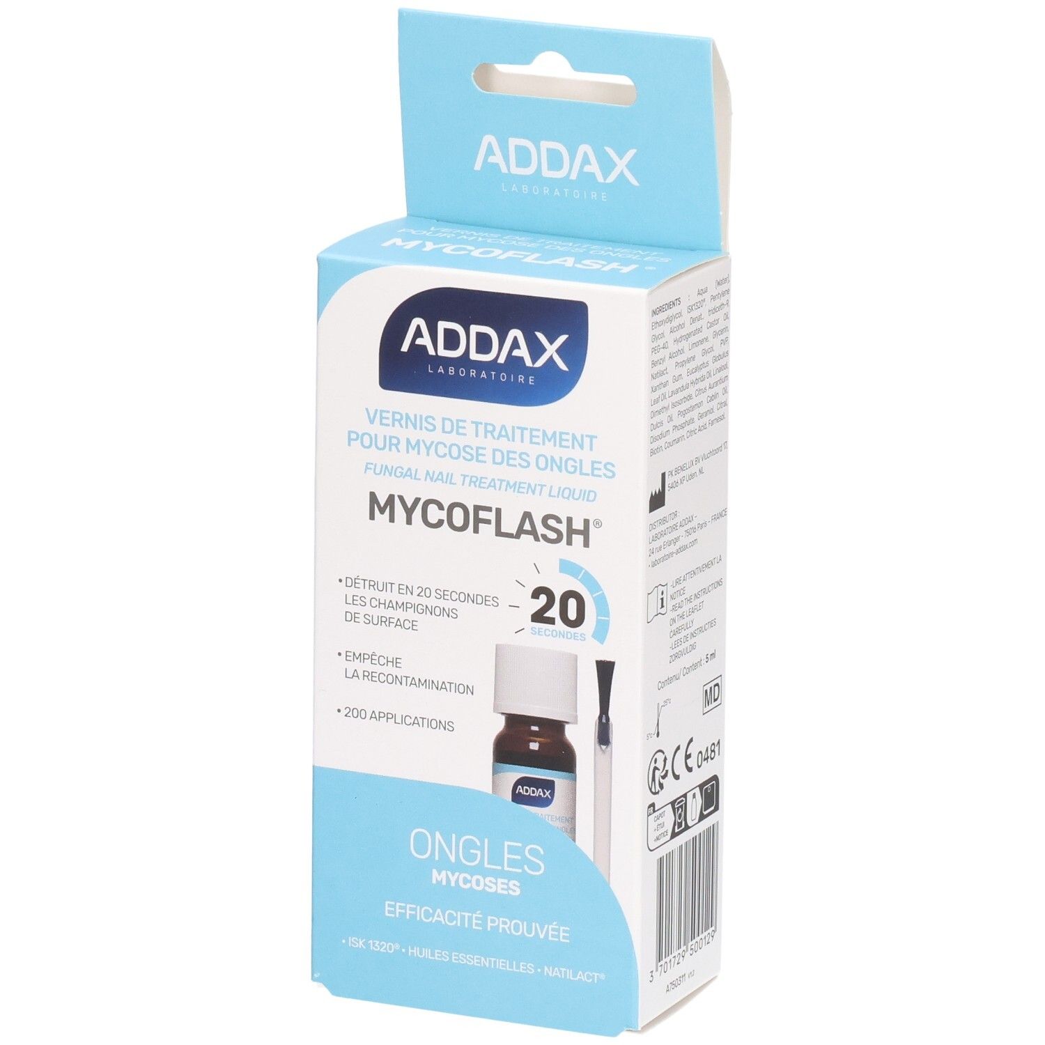 Boîte ADDAX Mycoflash. Informations produit, flacon et pinceau. Bleu et blanc. Vernis traitement mycose des ongles.