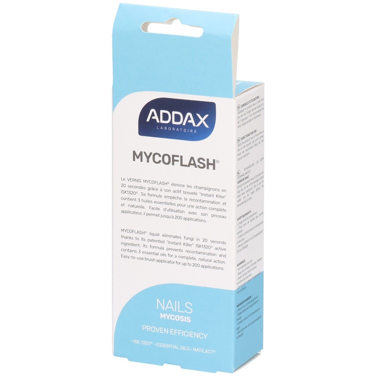 Boîte ADDAX Mycoflash. Nom et informations du produit. Boîte bleue et blanche. Traitement mycose des ongles.