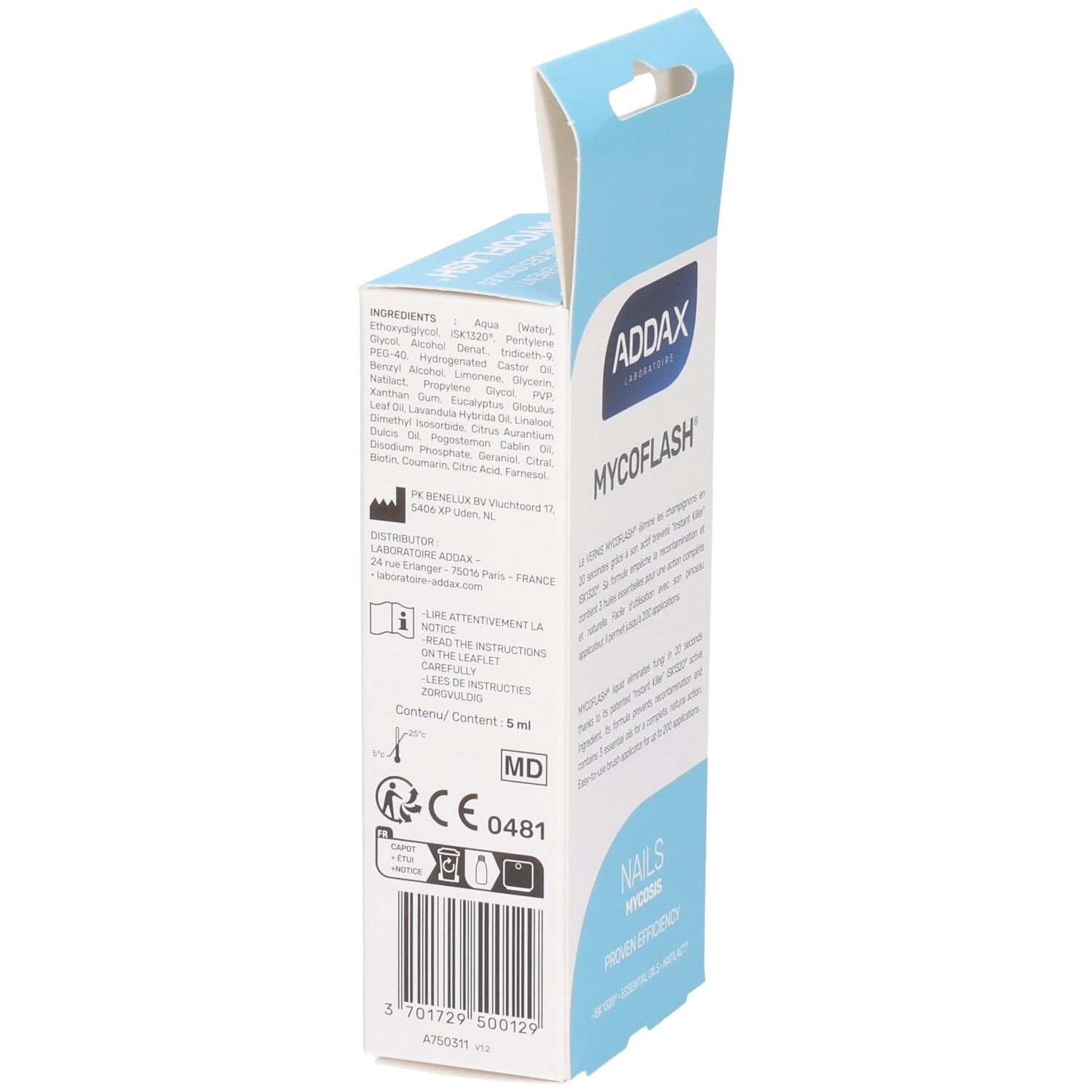 Côté de la boîte ADDAX Mycoflash. Ingrédients, informations fabricant, marquage CE et volume. Vernis traitement mycose.