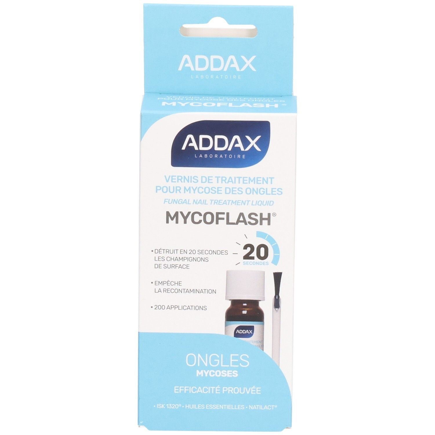 Boîte ADDAX Mycoflash. Produit et pinceau. Boîte bleue et blanche. Traitement mycose des ongles.