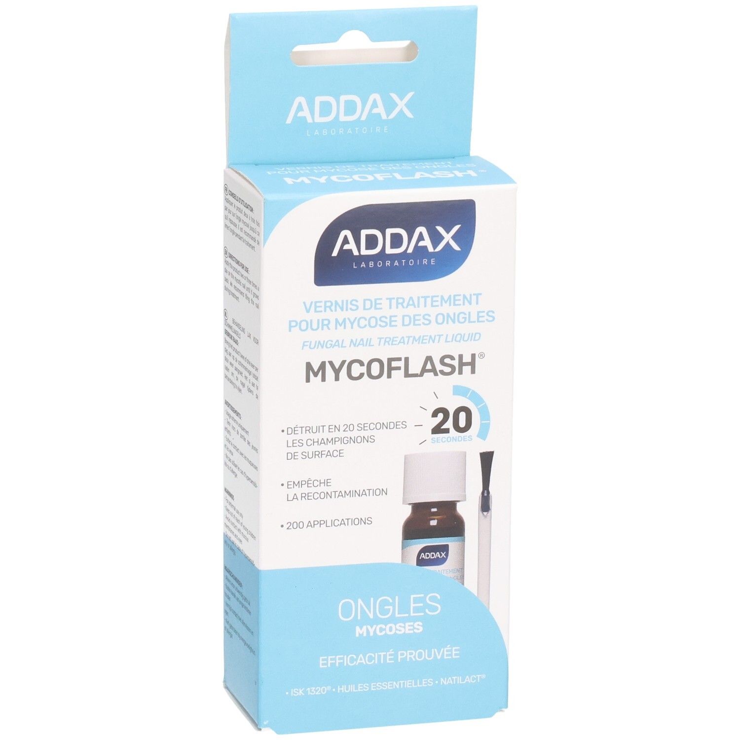 Boîte ADDAX Mycoflash. Produit et pinceau. Boîte bleue et blanche. Traitement mycose des ongles.