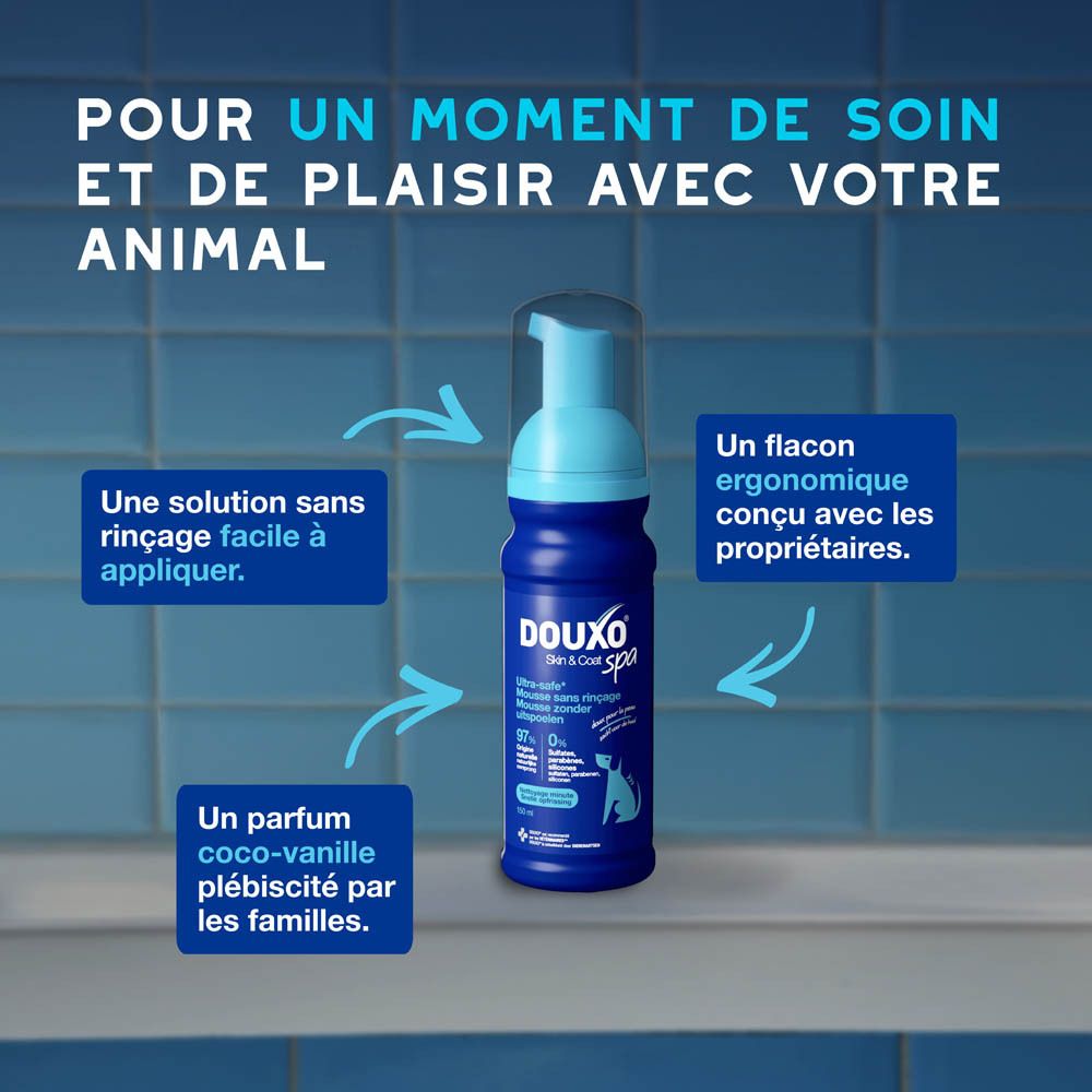Chien sur les genoux. Texte : Facile à appliquer, laisse le poil doux, brillant et agréablement parfumé.