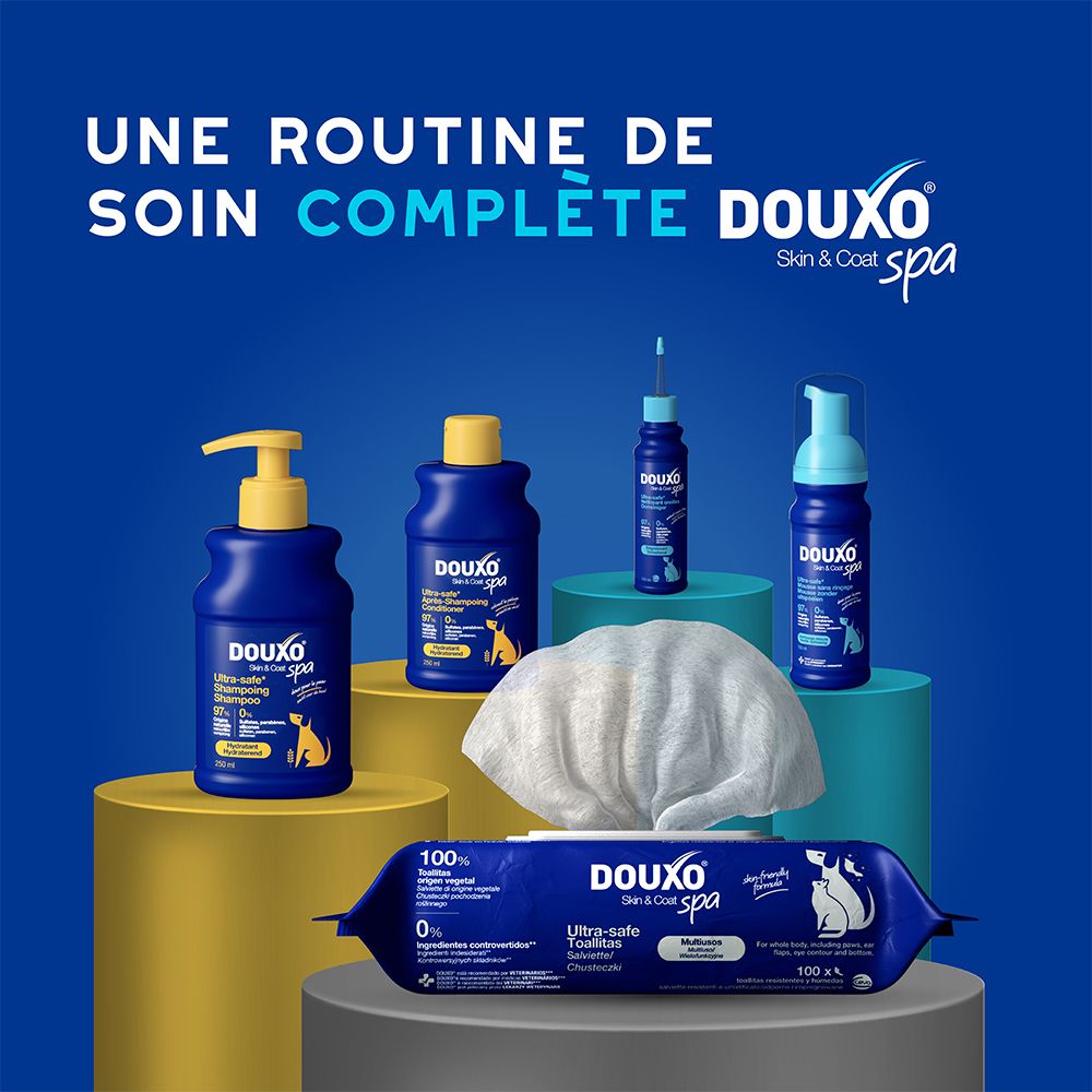 Gamme de produits Douxo Spa avec différentes bouteilles et lingettes.