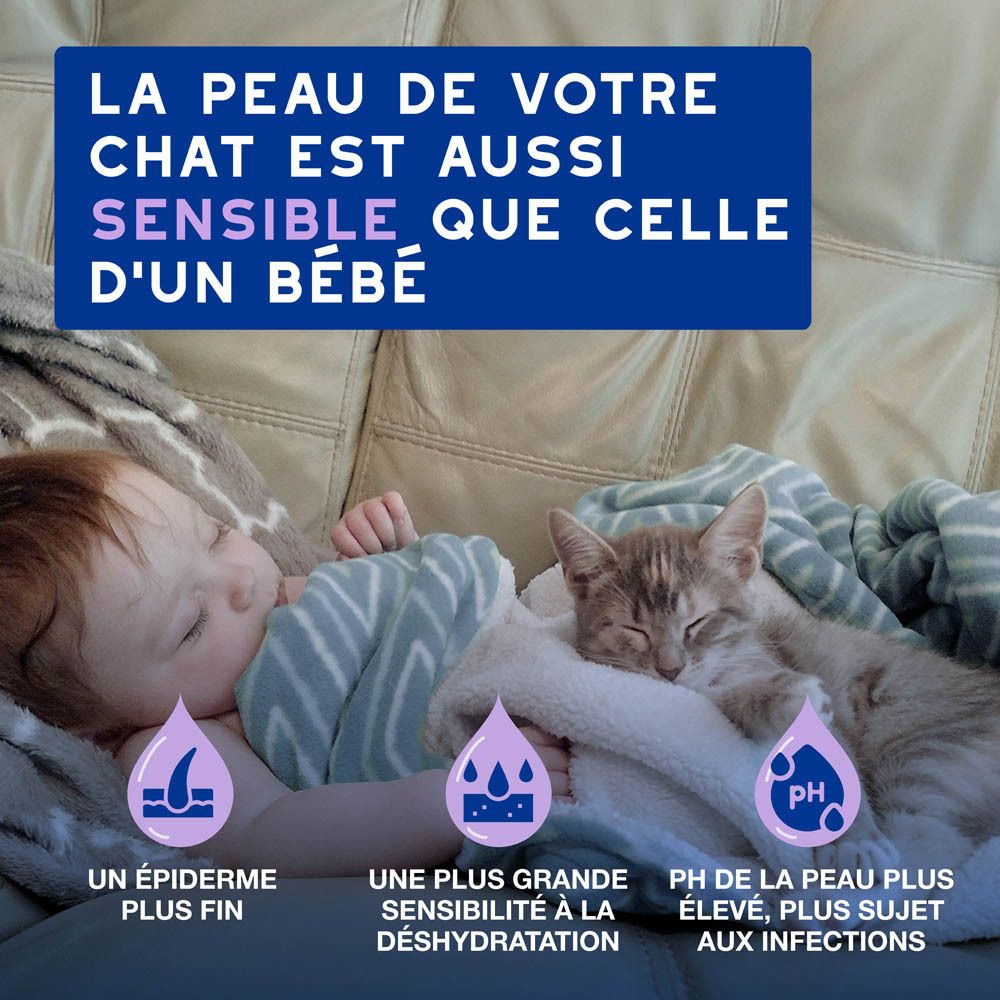 Bébé et chat sur canapé. Texte: La peau de votre chat est aussi sensible que celle d'un bébé.