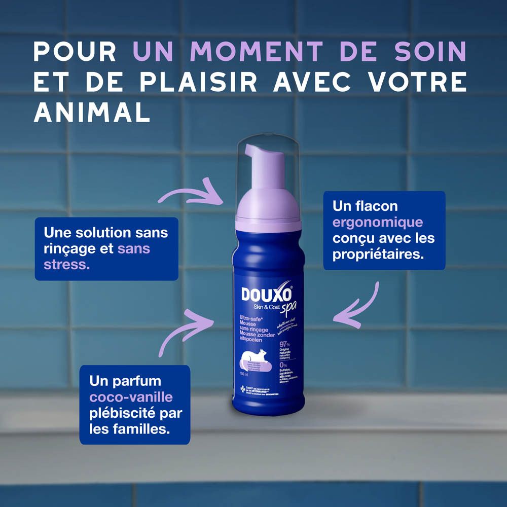 Flacon et texte. Texte: Pour un moment de soin et de plaisir avec votre animal. Un flacon ergonomique.