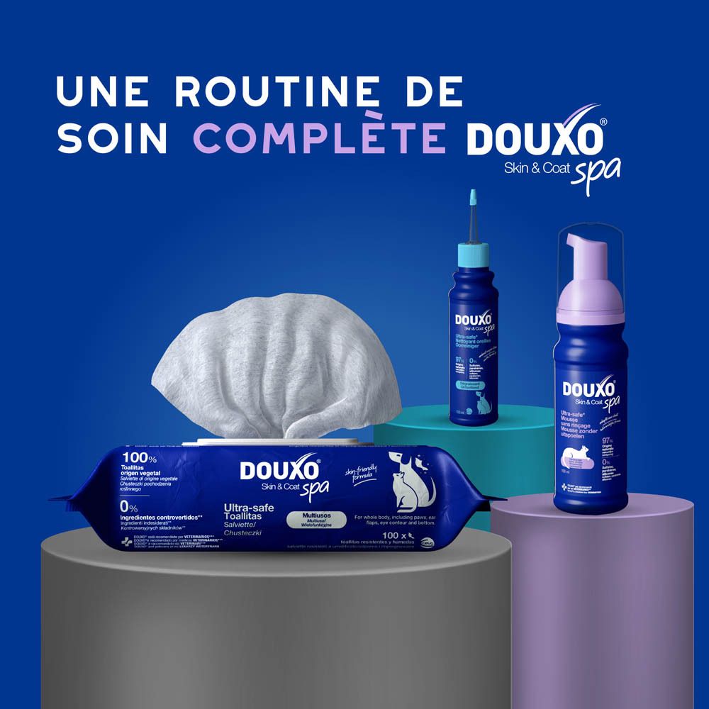 Gamme de produits. Texte: Une routine de soin complète DOUXO Skin & Coat spa. Avec lingettes.