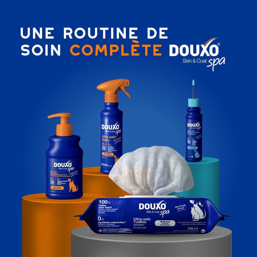 Flacon bleu avec pompe. Dos avec texte. Pompe orange.