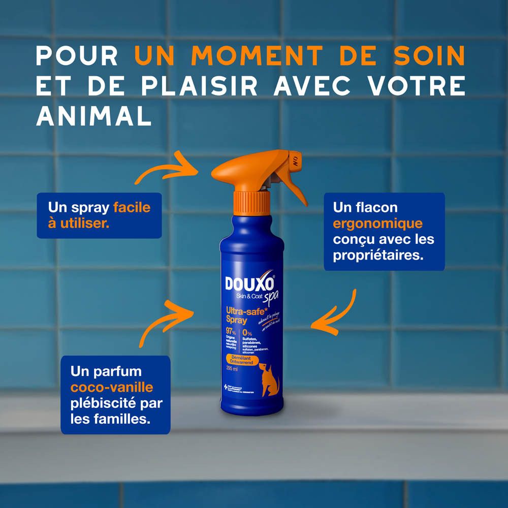 Chien avec texte: Nourrit le pelage, laisse le poil doux, brillant, démêlé et agréablement parfumé.