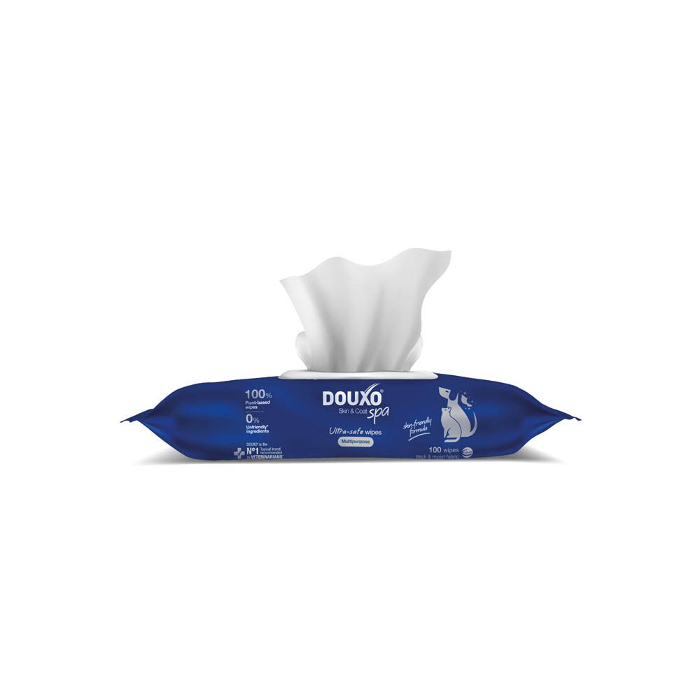 Paquet bleu Douxo Spa Ultra-Safe Lingettes. 100 lingettes. Lingettes visibles.