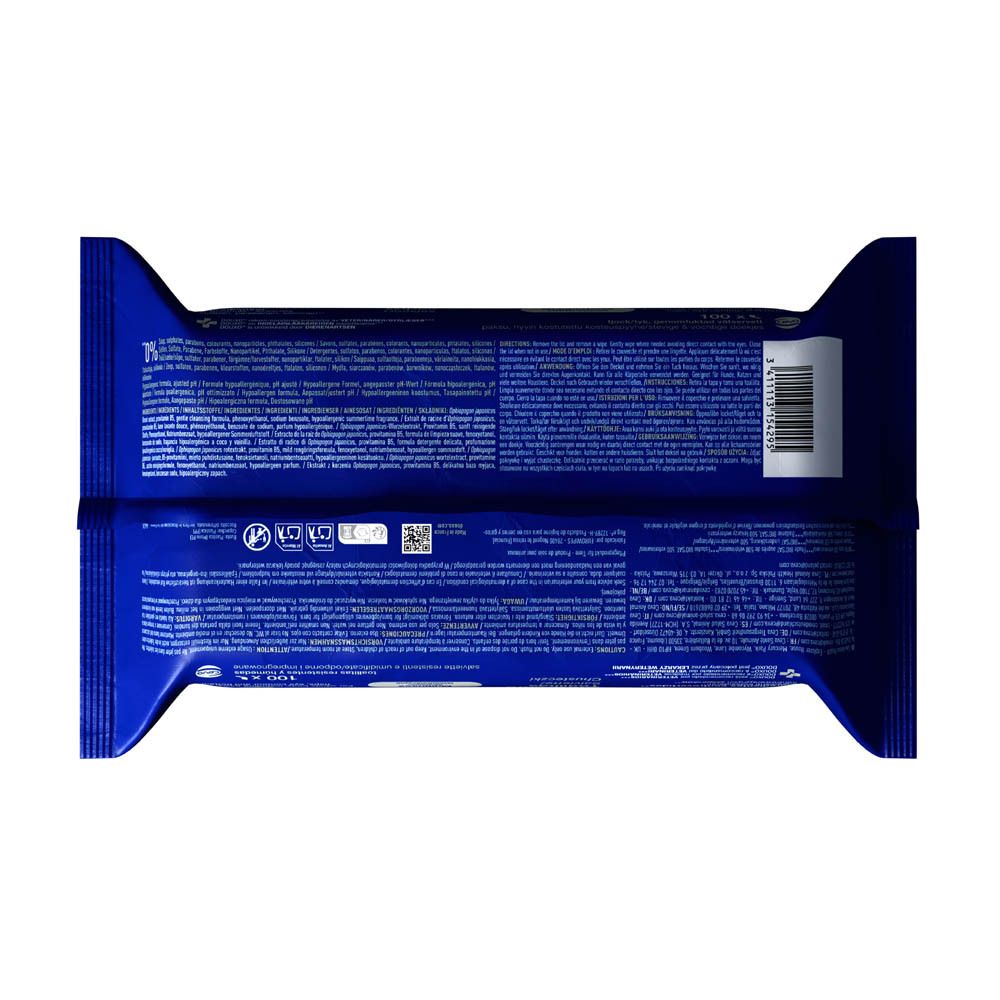 Dos du paquet bleu avec texte. Code-barres et informations.