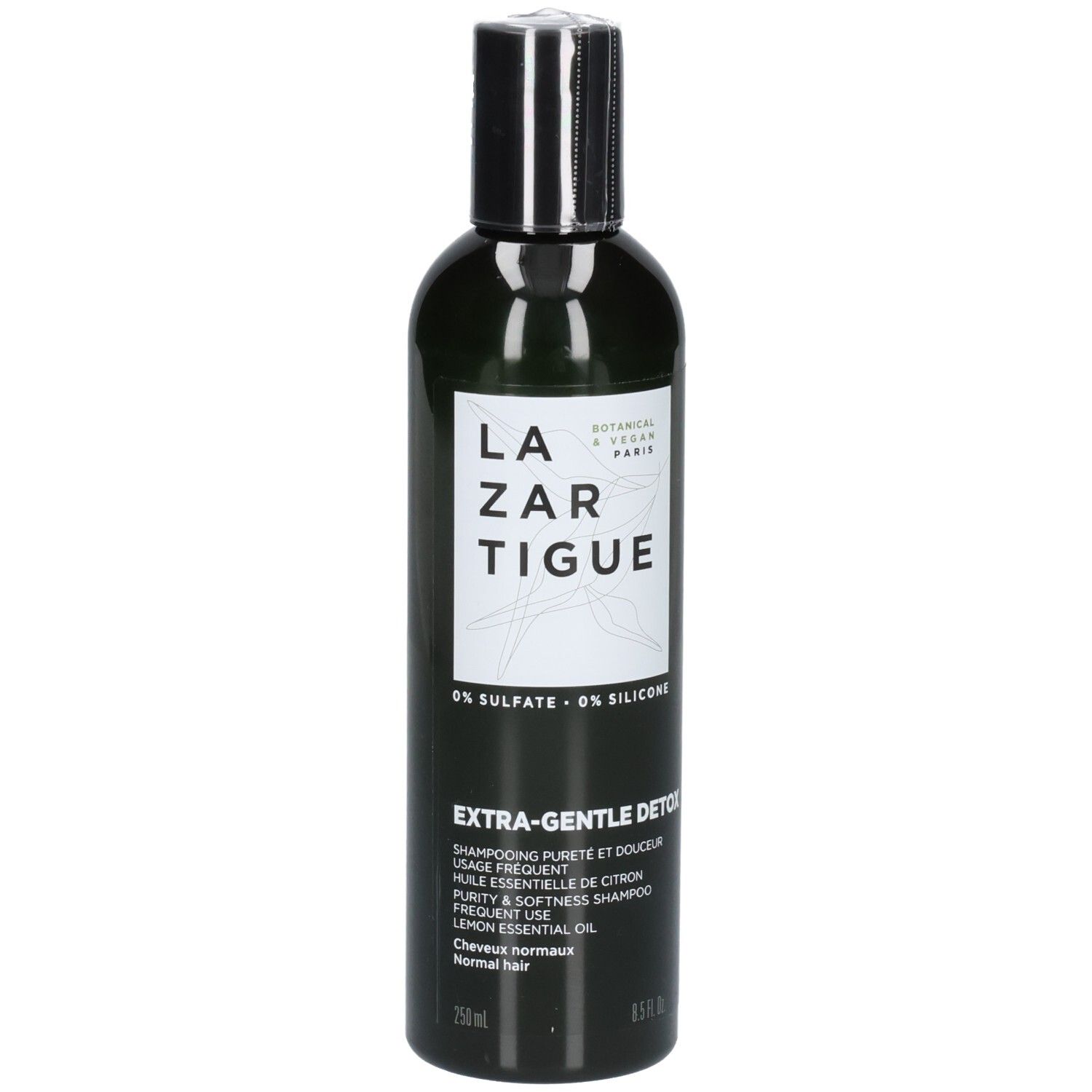Bouteille foncée avec étiquette blanche, Lazartigue Extra-Gentle Detox Shampoo, 250ml.