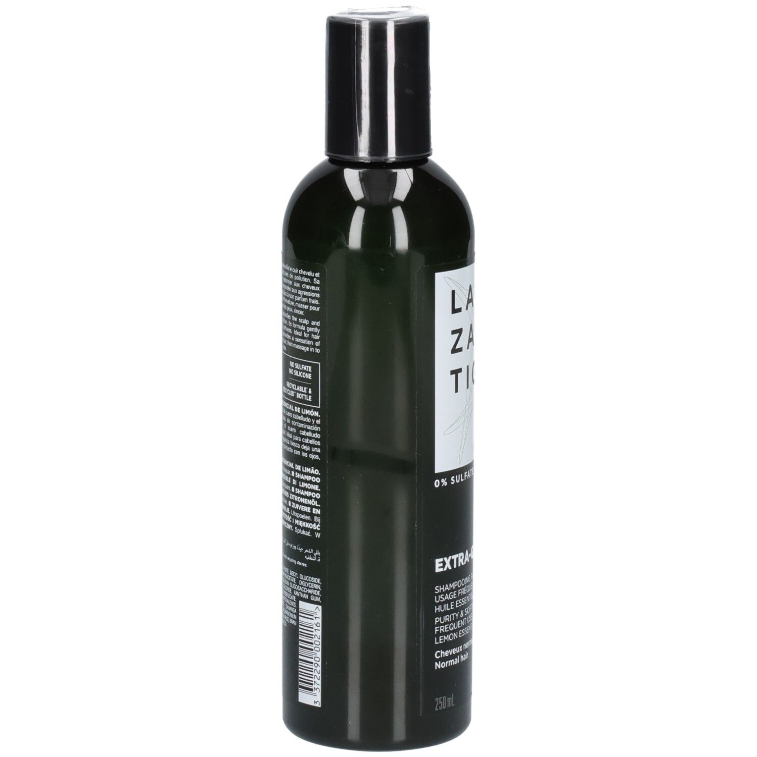 Vue latérale d'une bouteille foncée avec étiquette blanche, Lazartigue Extra-Gentle Detox Shampoo.