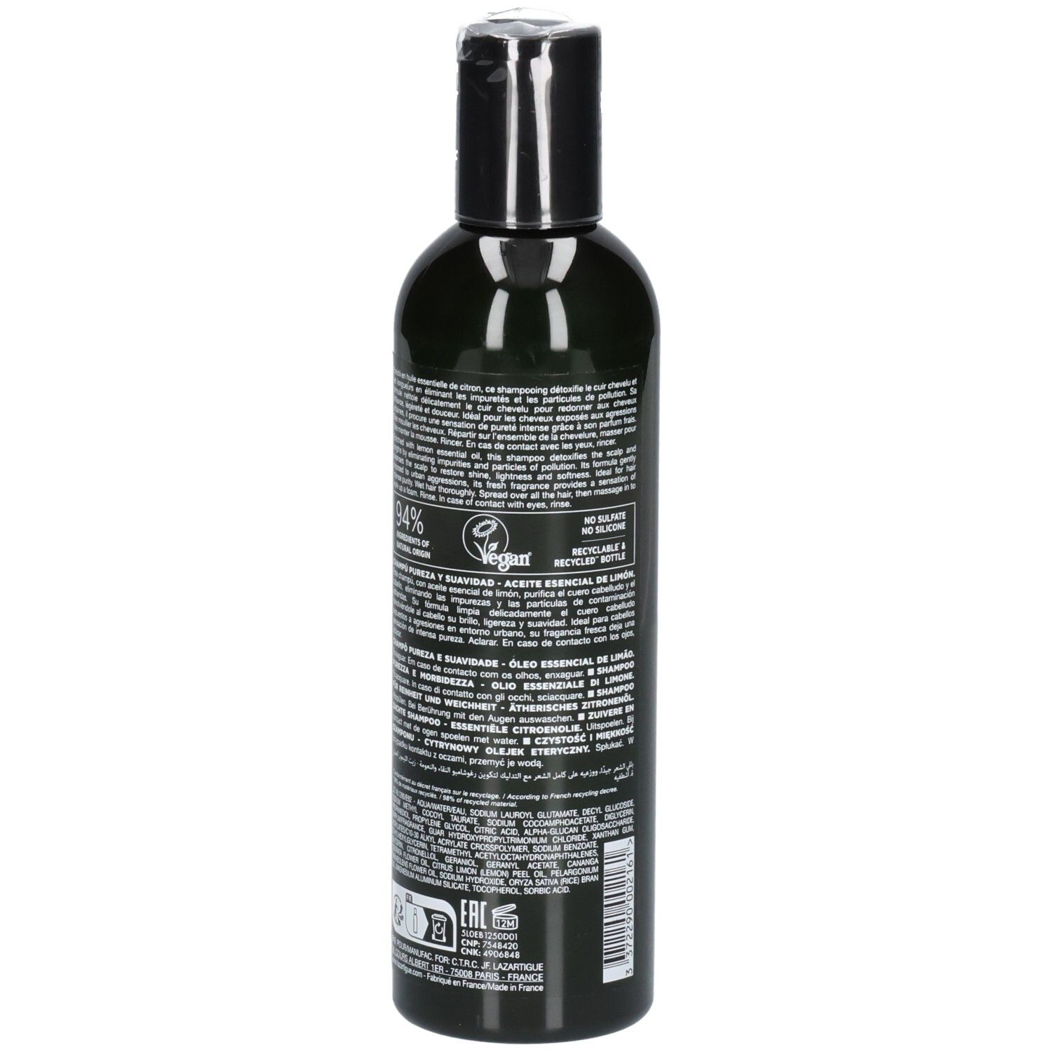 Arrière d'une bouteille foncée avec informations détaillées et sceau vegan, Lazartigue Shampoo.