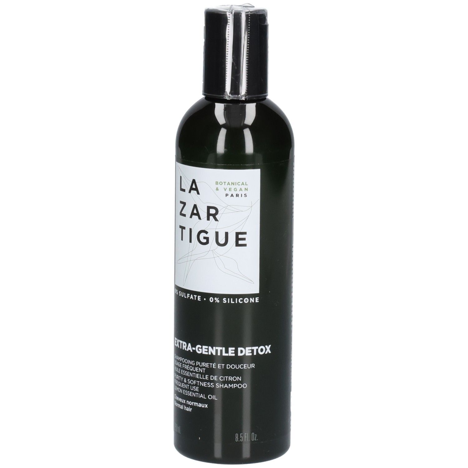 Bouteille foncée avec étiquette blanche, Lazartigue Extra-Gentle Detox Shampoo, 250ml.