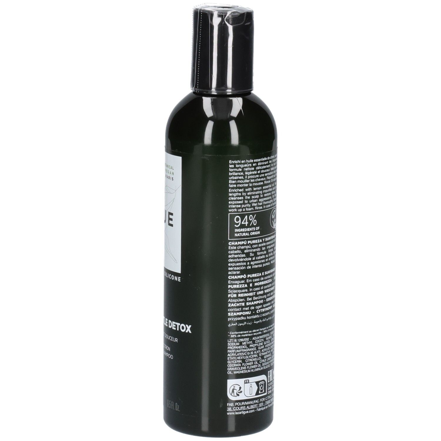 Vue latérale d'une bouteille foncée avec étiquette et sceaux, Lazartigue Extra-Gentle Detox Shampoo.