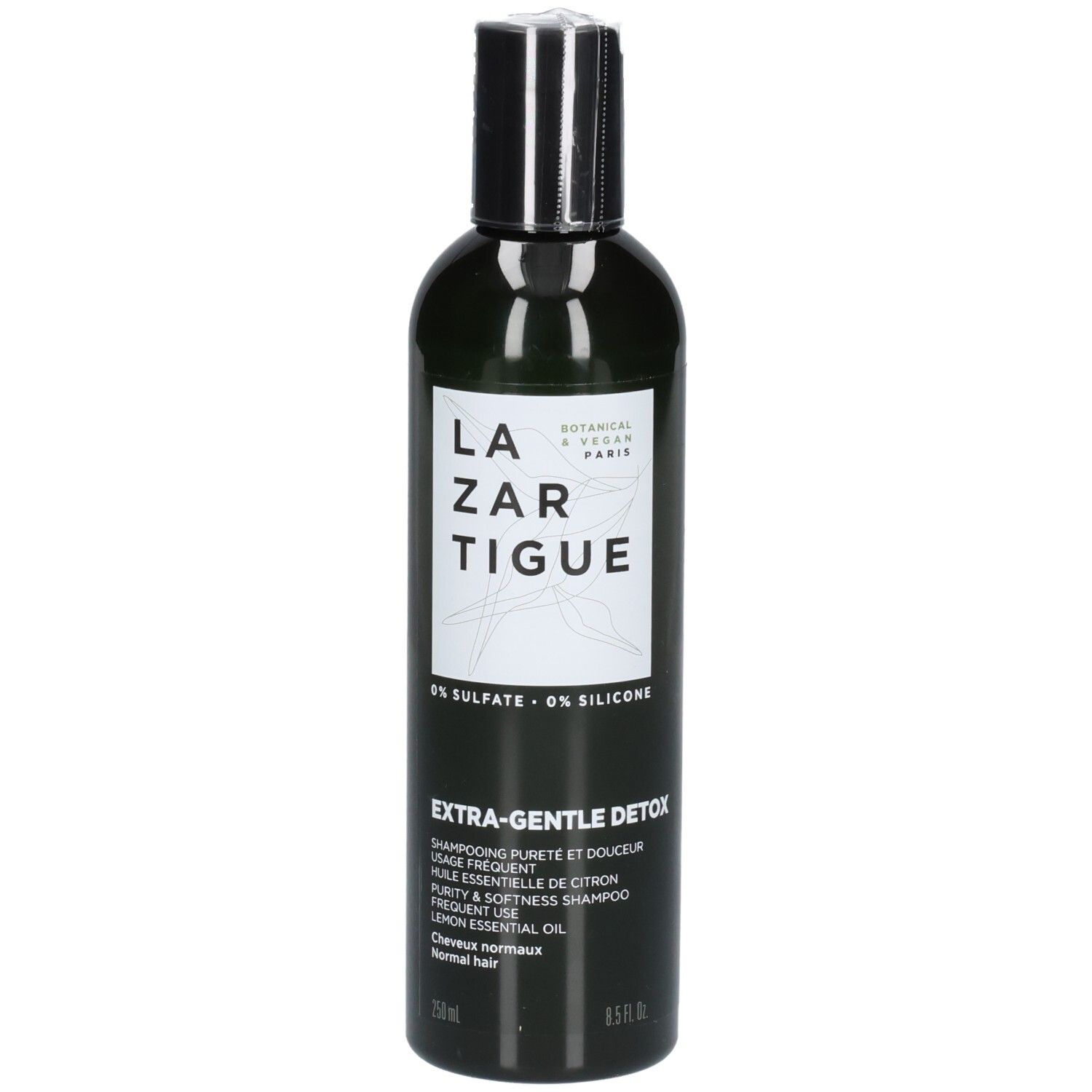 Bouteille foncée avec étiquette blanche, Lazartigue Extra-Gentle Detox Shampoo, 250ml.