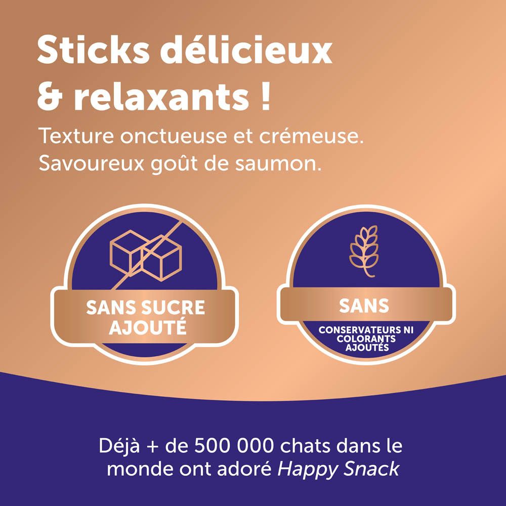 Happy Snack by Feliway, 24 sticks au saumon. Emballage avec chat et femme. Certification MSC.