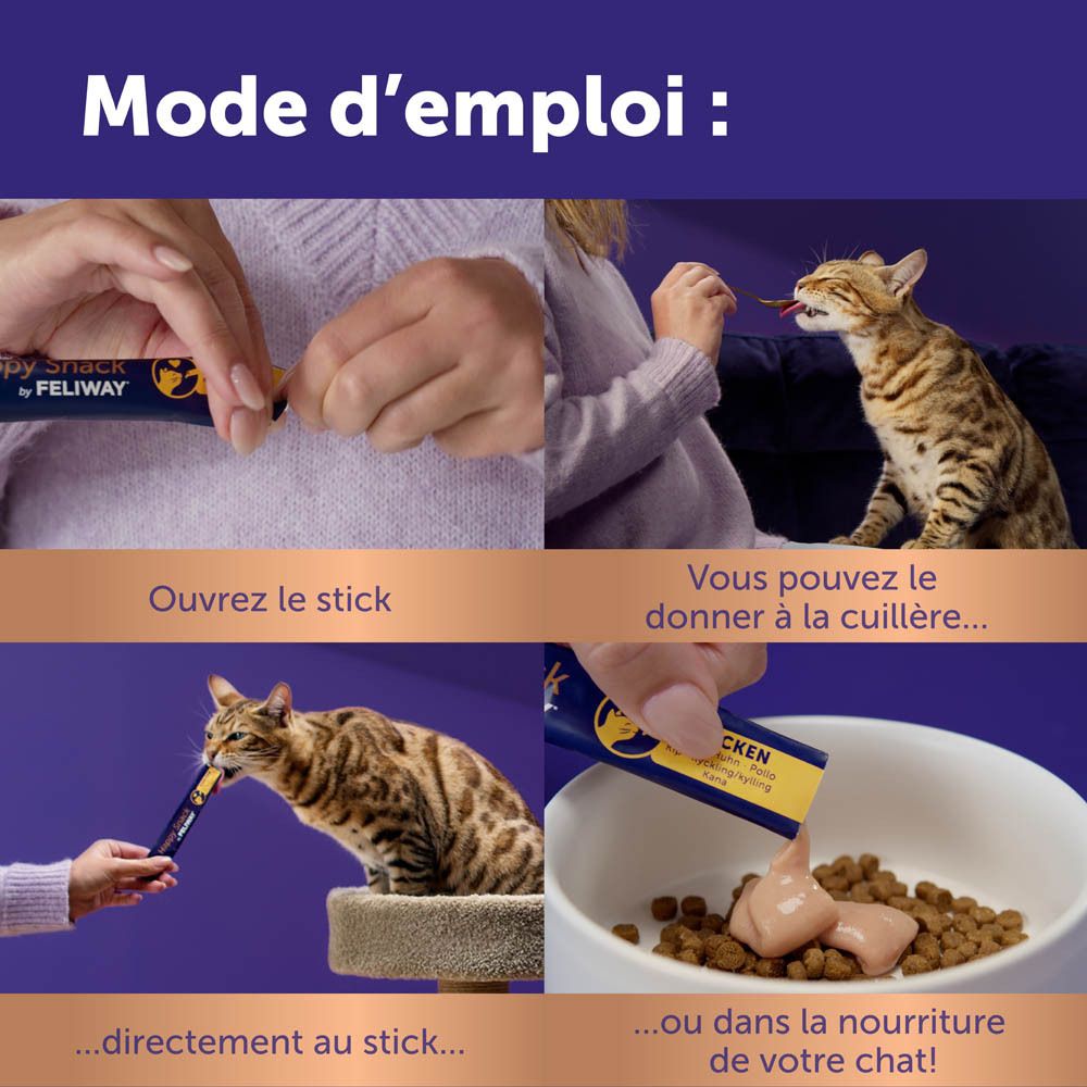 Utilisation de Happy Snack by Feliway. Ouvrir, donner directement ou dans la nourriture.