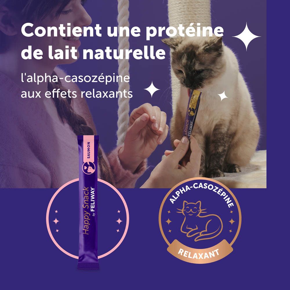 Chat recevant Happy Snack by Feliway. Emballage et chat en image.