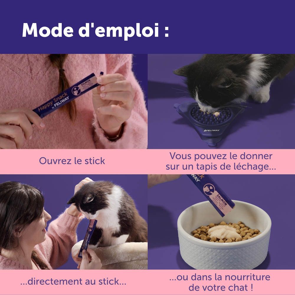 Utilisation de Happy Snack. Chat mange dans un bol, directement du stick.