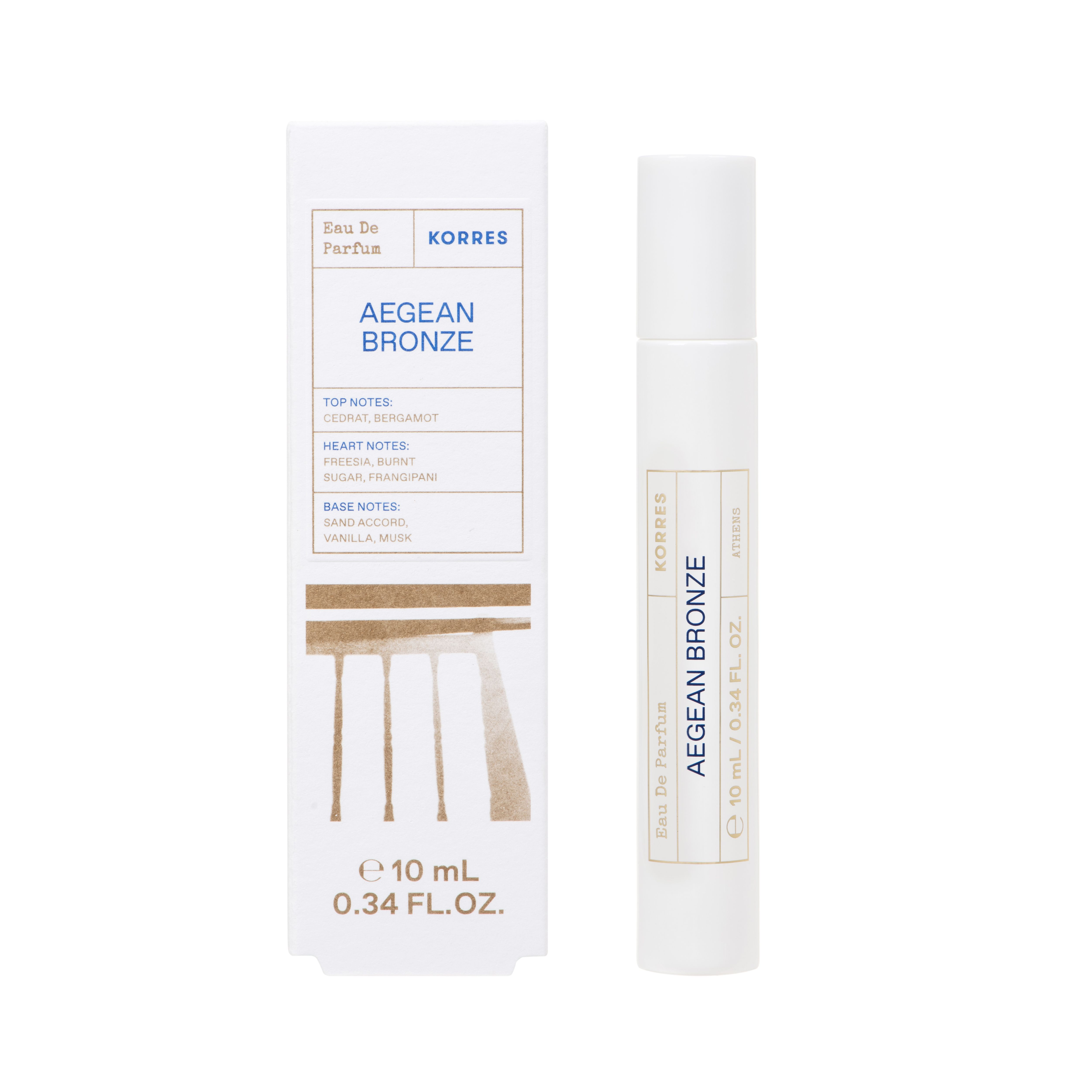 Roll-on Korres Aegean Bronze Eau de Parfum. Emballage et flacon blancs. Texte : Aegean Bronze, 10 ml, 0,34 FL. OZ.