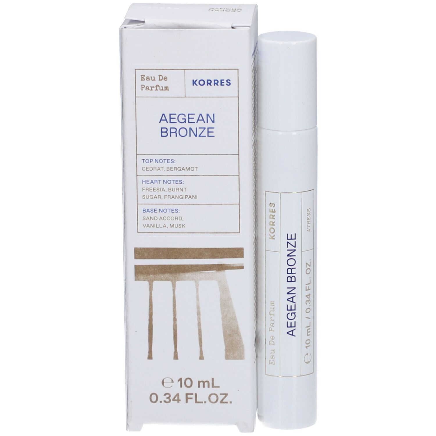 Roll-on Korres Aegean Bronze Eau de Parfum. Emballage et flacon blancs. Texte : Aegean Bronze, 10 ml, 0,34 FL. OZ.