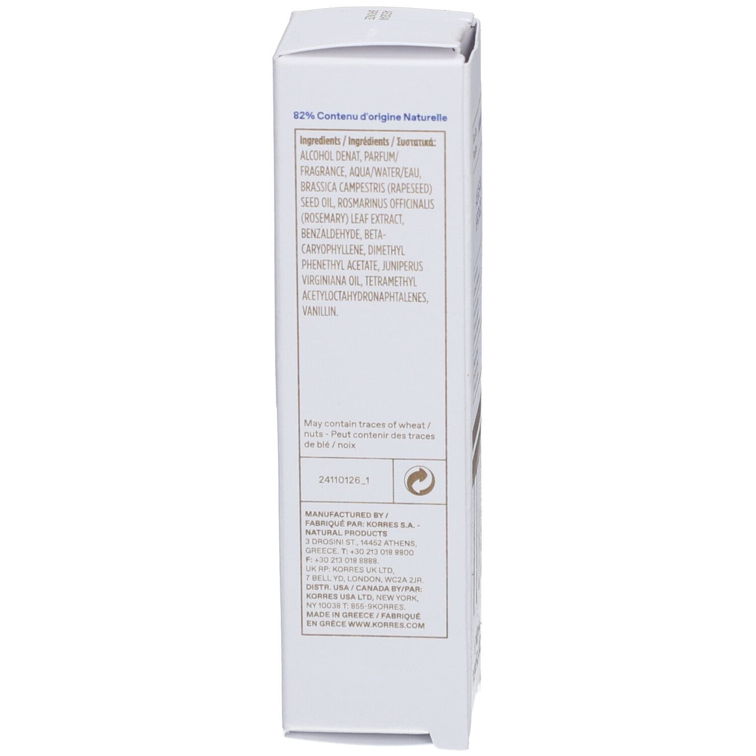 Roll-on Korres Aegean Bronze Eau de Parfum. Arrière de l'emballage. Texte : Ingrédients, 82% d'origine naturelle.