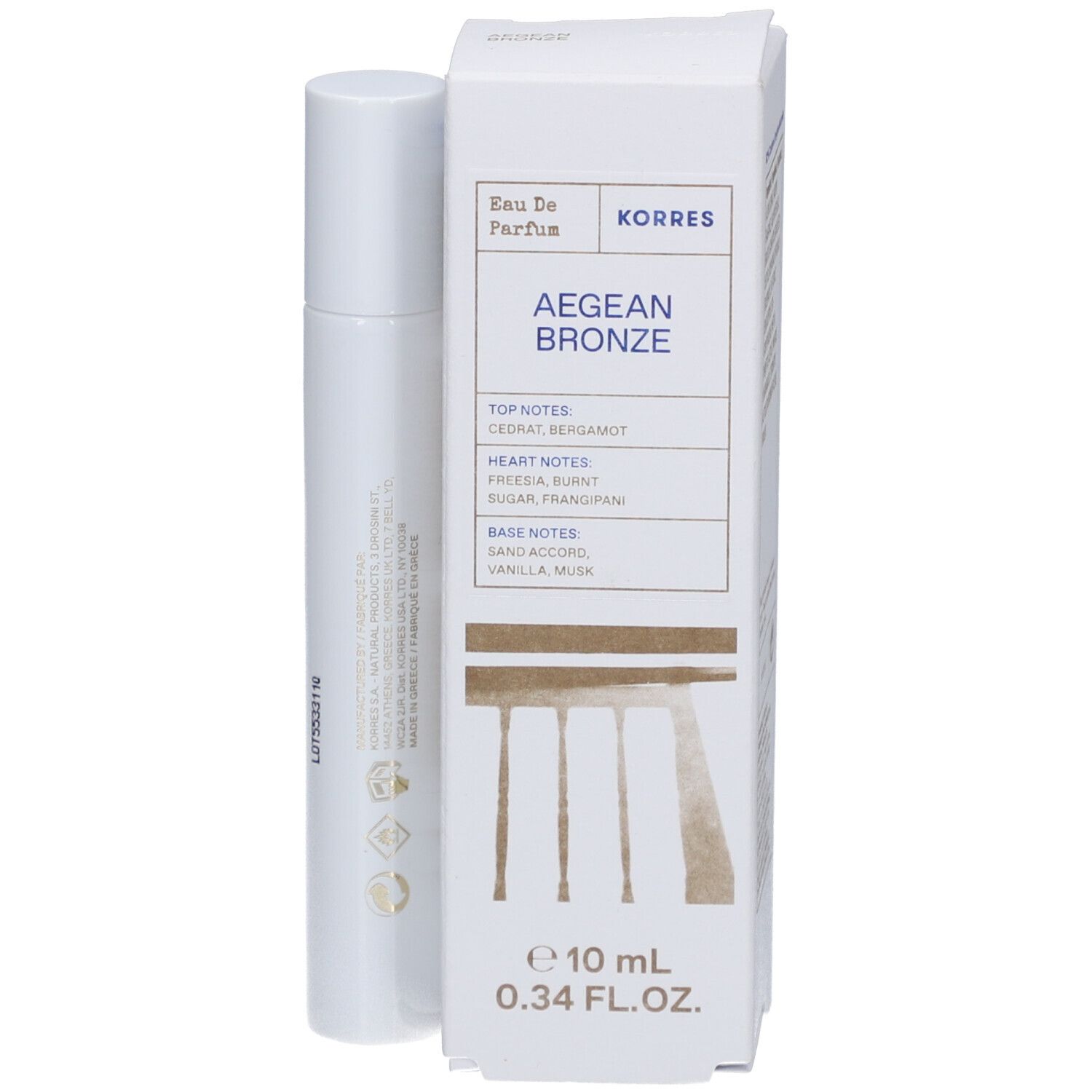 Roll-on Korres Aegean Bronze Eau de Parfum. Emballage et flacon blancs. Texte : Aegean Bronze, 10 ml, 0,34 FL. OZ.