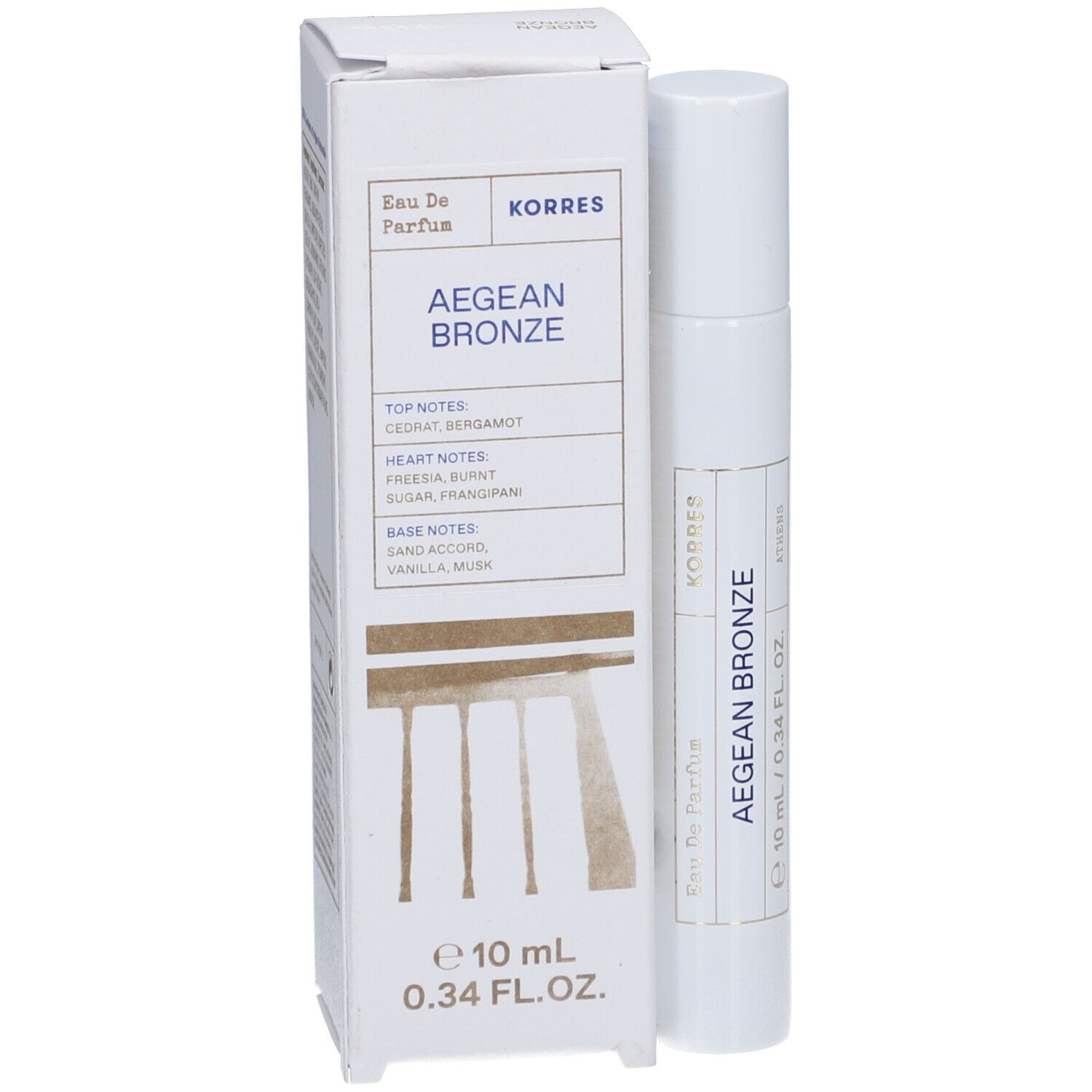 Roll-on Korres Aegean Bronze Eau de Parfum. Emballage et flacon blancs. Texte : Aegean Bronze, 10 ml, 0,34 FL. OZ.