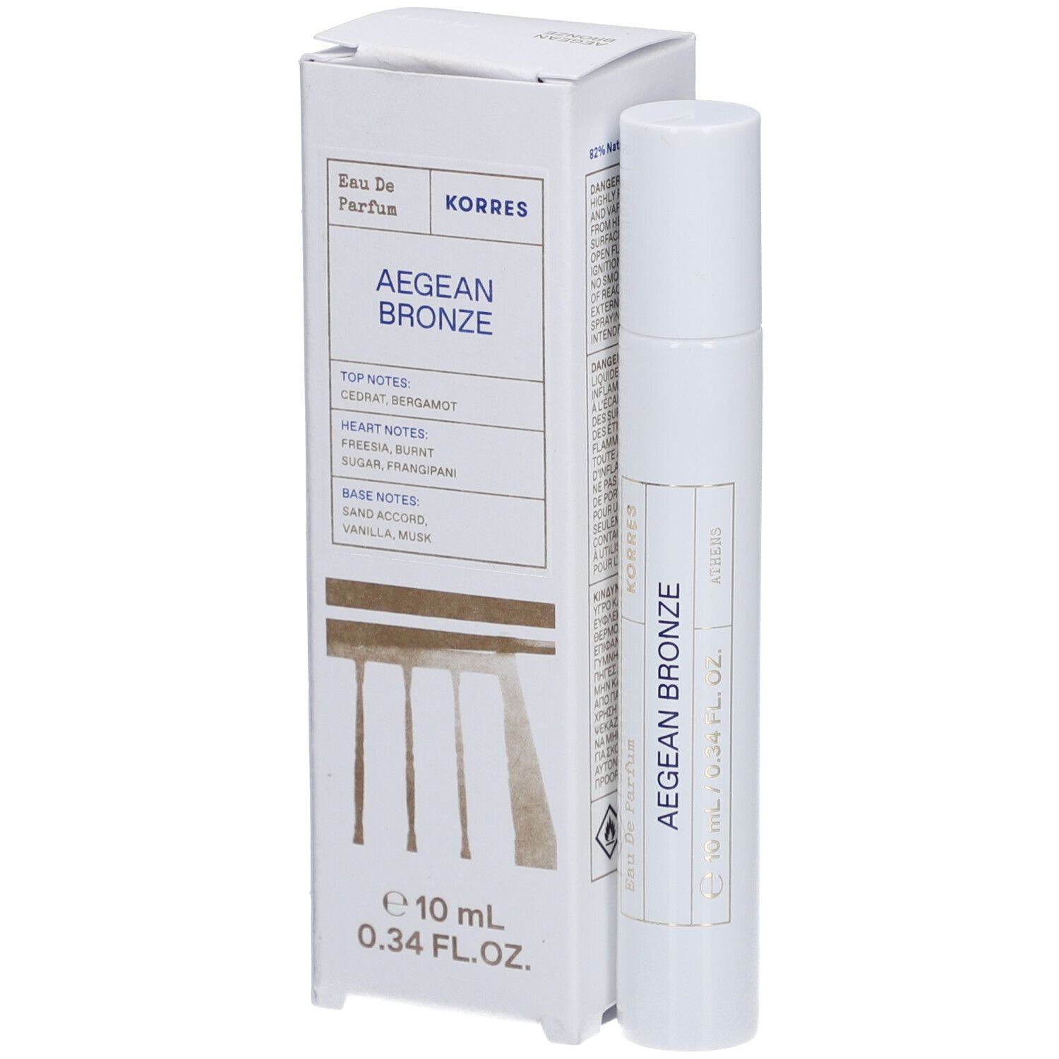 Roll-on Korres Aegean Bronze Eau de Parfum. Emballage et flacon blancs. Texte : Aegean Bronze, 10 ml, 0,34 FL. OZ.